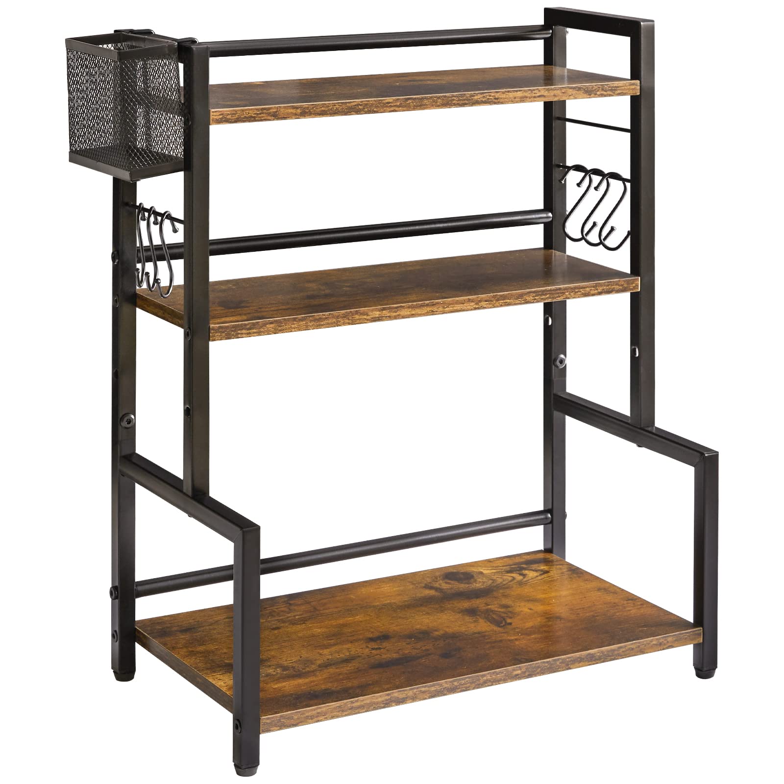 YMYNY Kitchen Spice Rack with Wire Basket, Countertop Shelf for Cabinet, Desktop Organiser with 6 Hooks, Storage Seasoning Rack for Spices, Jars, Oil Bottles, Rustic Brown HSR006H