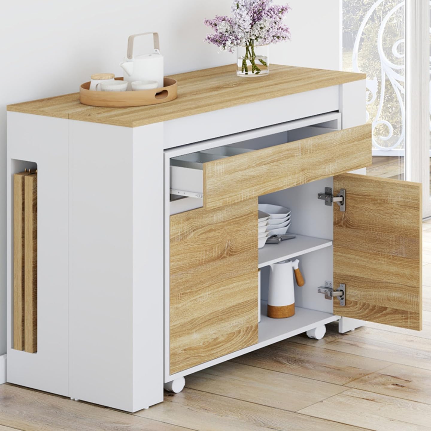 IDMarket - Table Buffet Extensible Orlando 10 Personnes 235 cm Bois Blanc et façon hêtre