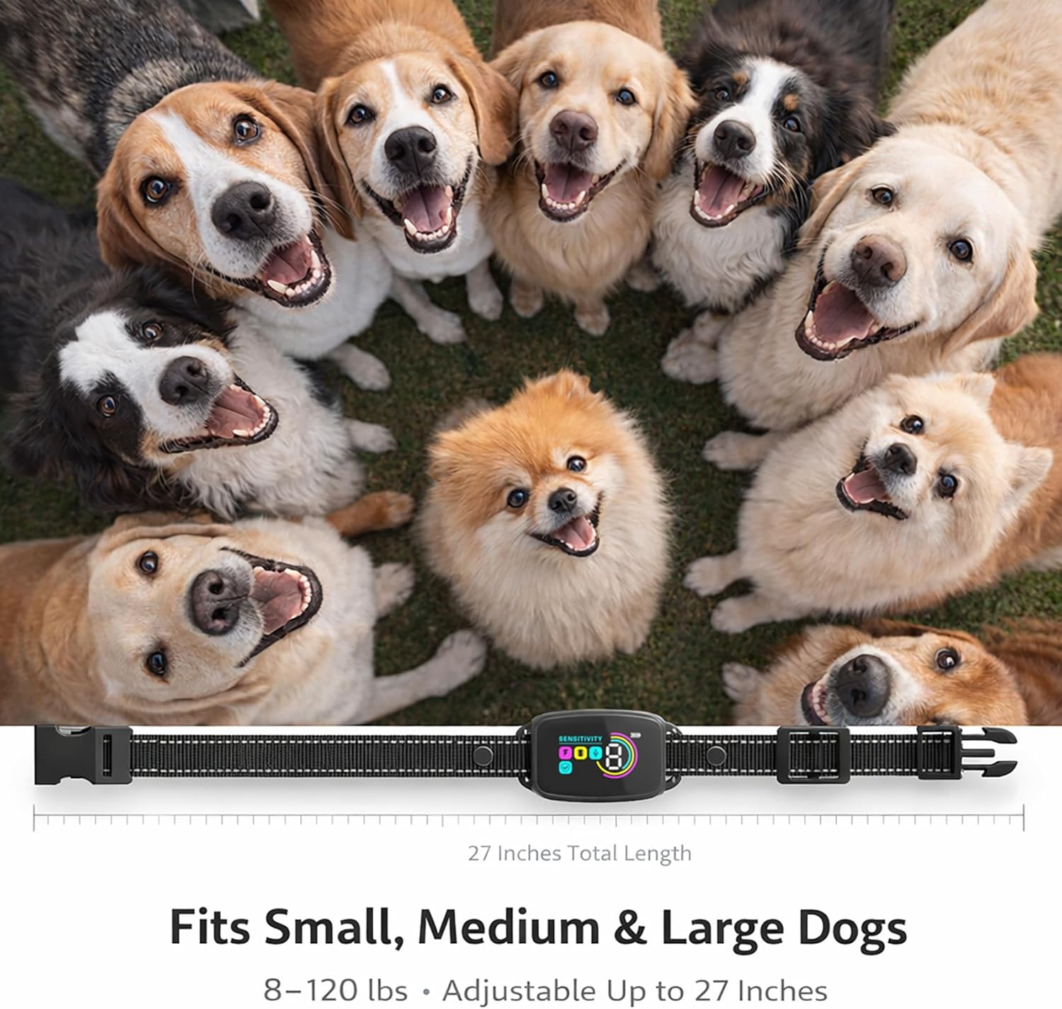 Automatic Anti Bark Dog Collar, Smart Bark Control Training Collar with 8 Sensitivity Levels, Beep & Vibration & Safe Shock, IP67 Waterproof Rechargeable for Small Medium Large Dogs