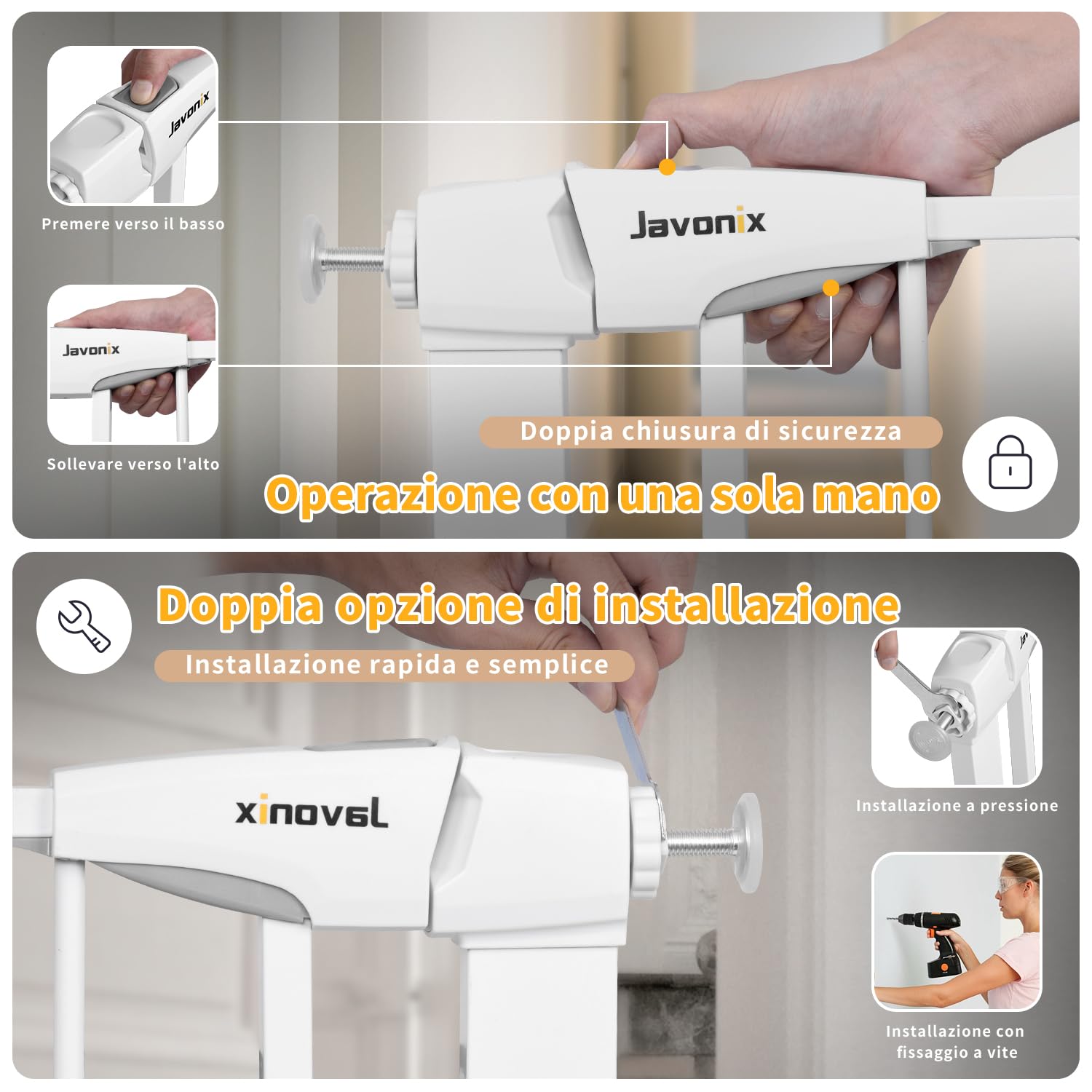 Javonix cancelletto per bambini, Cancelletto per scale senza trapano, altezza extra alta 92 cm, larghezza 75-124 cm con 3 estensioni, per bambini, cani gatti, chiusura automatica arresto a 90°-Bianco