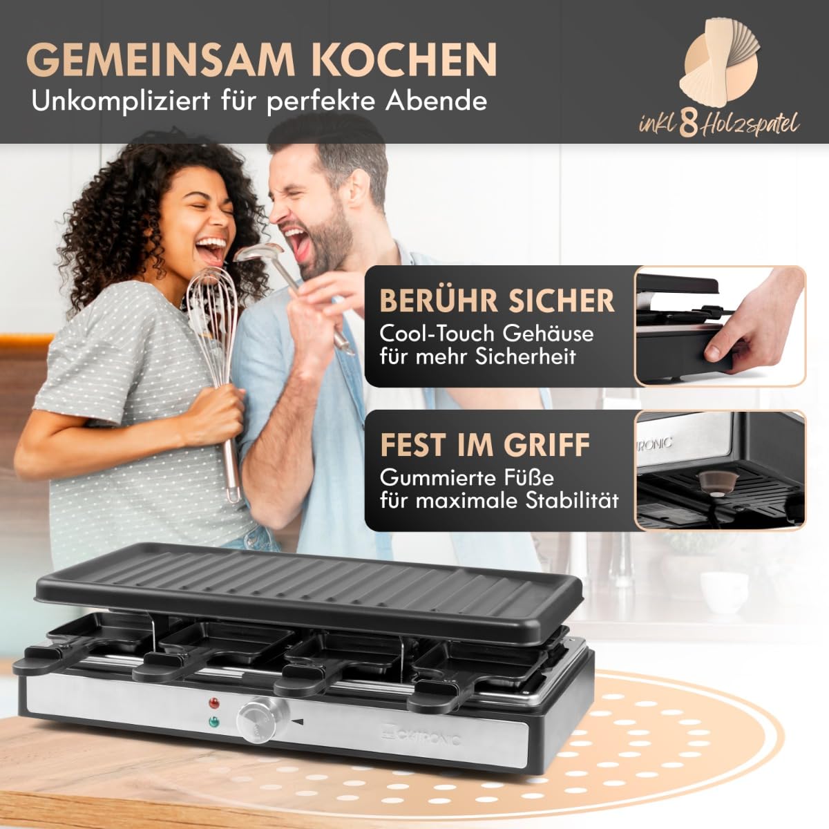 Clatronic® Raclette per 8 persone con piastra rimovibile | Raclette Grill con rivestimento antiaderente | incl. 8 padelle | Raclettes con alloggiamento Cool Touch | RG 3757