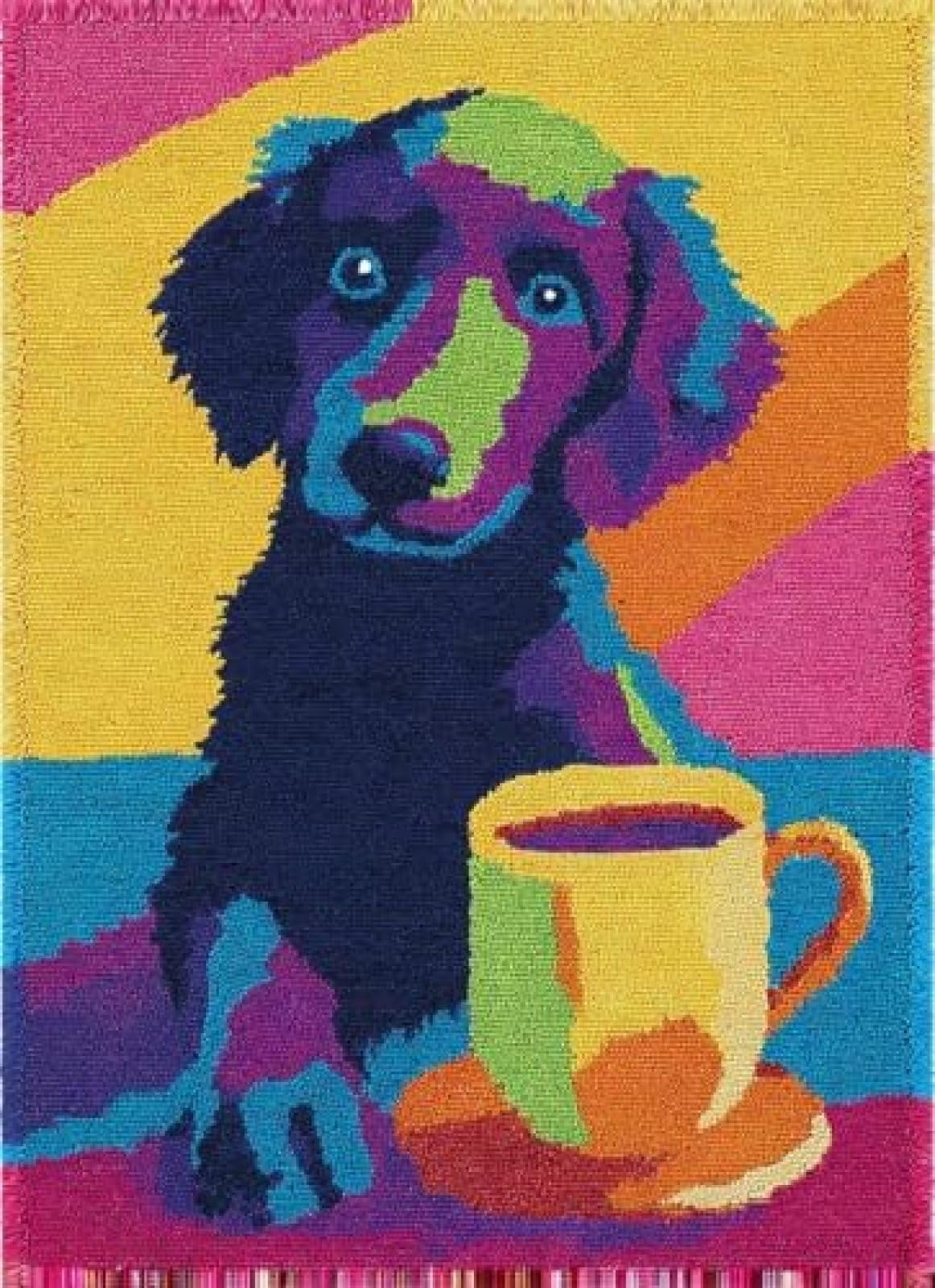 XDEGHUANGSS Latch Hook Rug Kit Flat-Coated Retriever Puppy Drink Coffee Cushion Cover DIY Craft Set Pre-Printed Mat 38x52cm for Home Decor-4