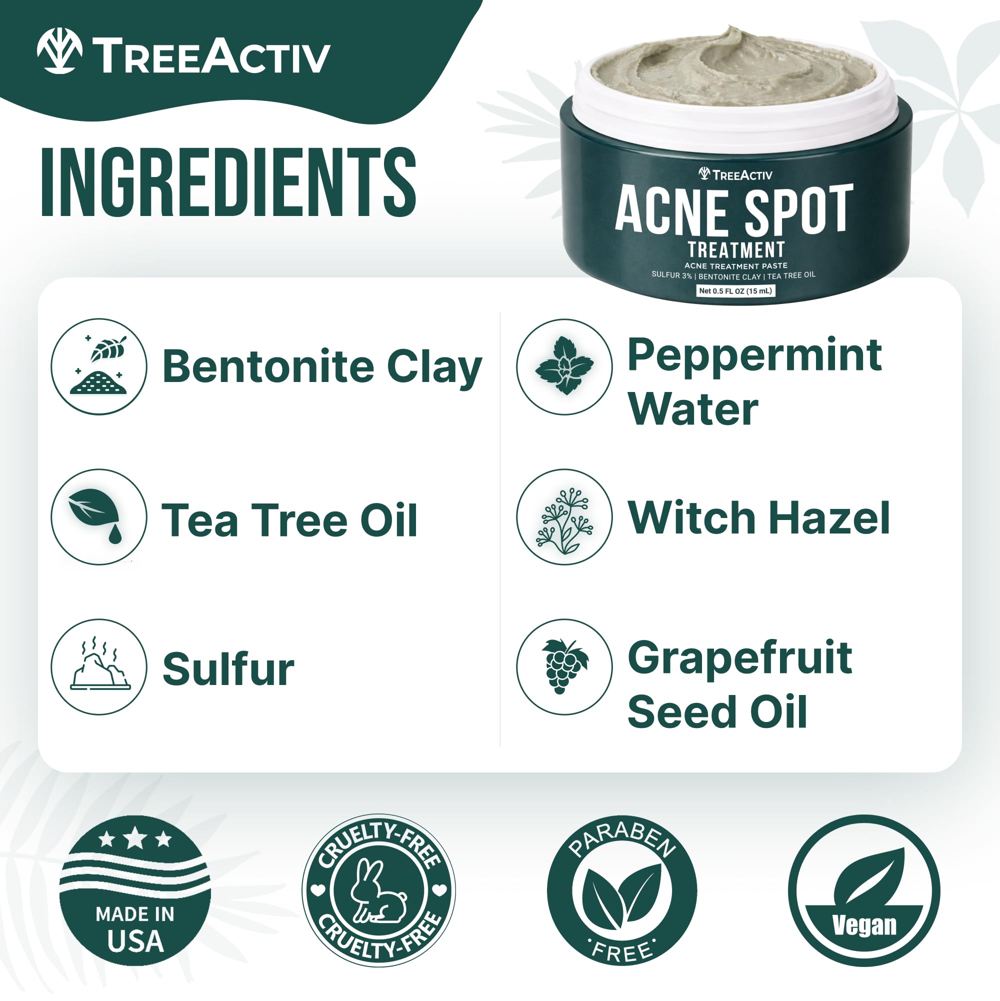 TreeActiv Cystic Acne Spot Treatment with Sulfur, Tea Tree Oil & Bentonite Clay, 2-Pack