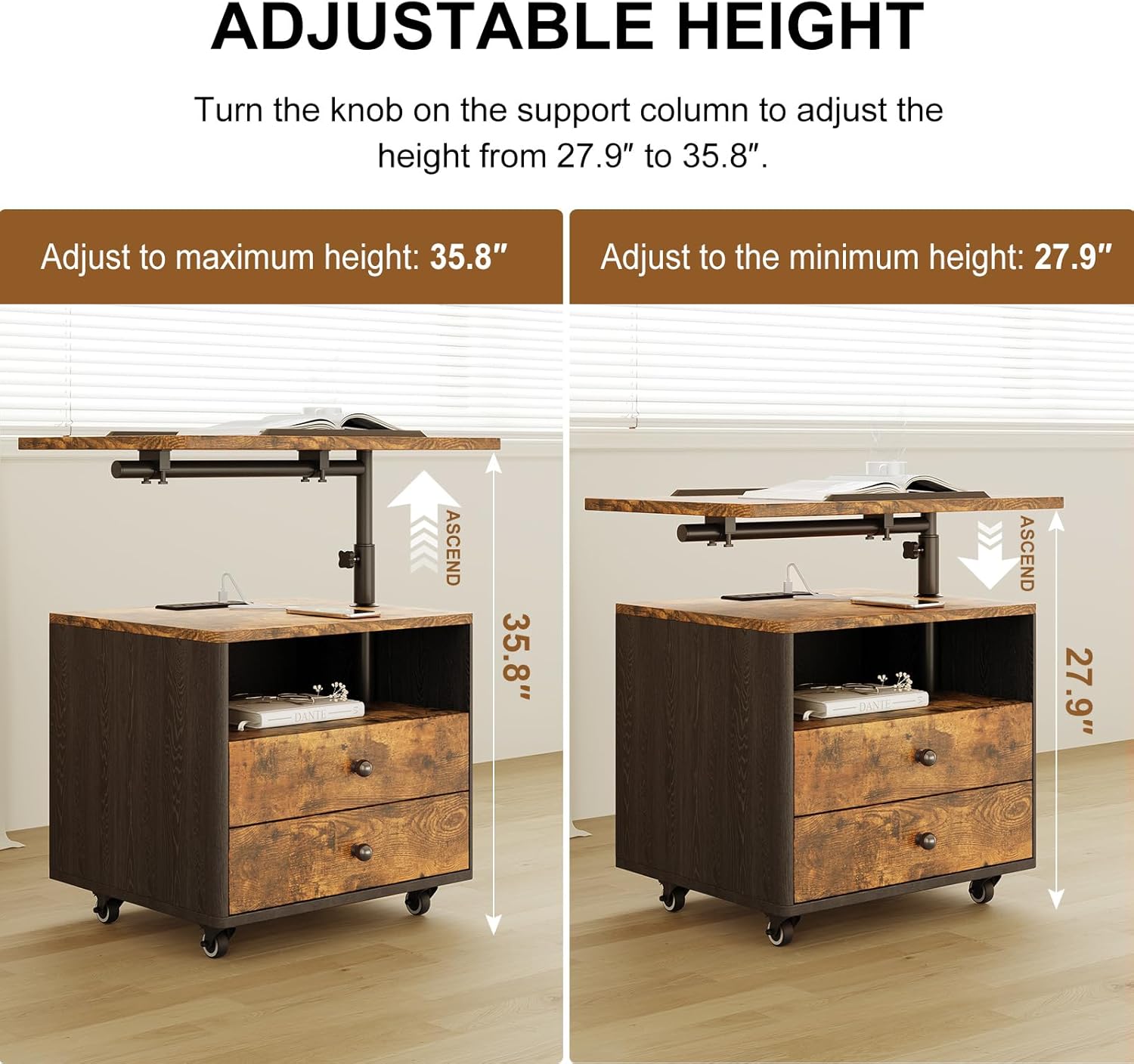 Bedroom Nightstand with Drawers & Charging Station, Adjustable Height Bedside Table with Wheels, Wooden Small Sofa Side Tables with Storage for Living Room, Rustic Brown