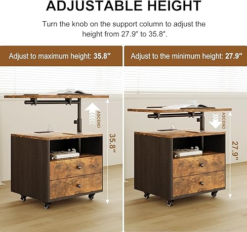 Miniatura 2 de Mesita de noche de dormitorio con cajones y estación de carga, mesita de noche de altura ajustable con ruedas, mesas auxiliares de sofá pequeño de