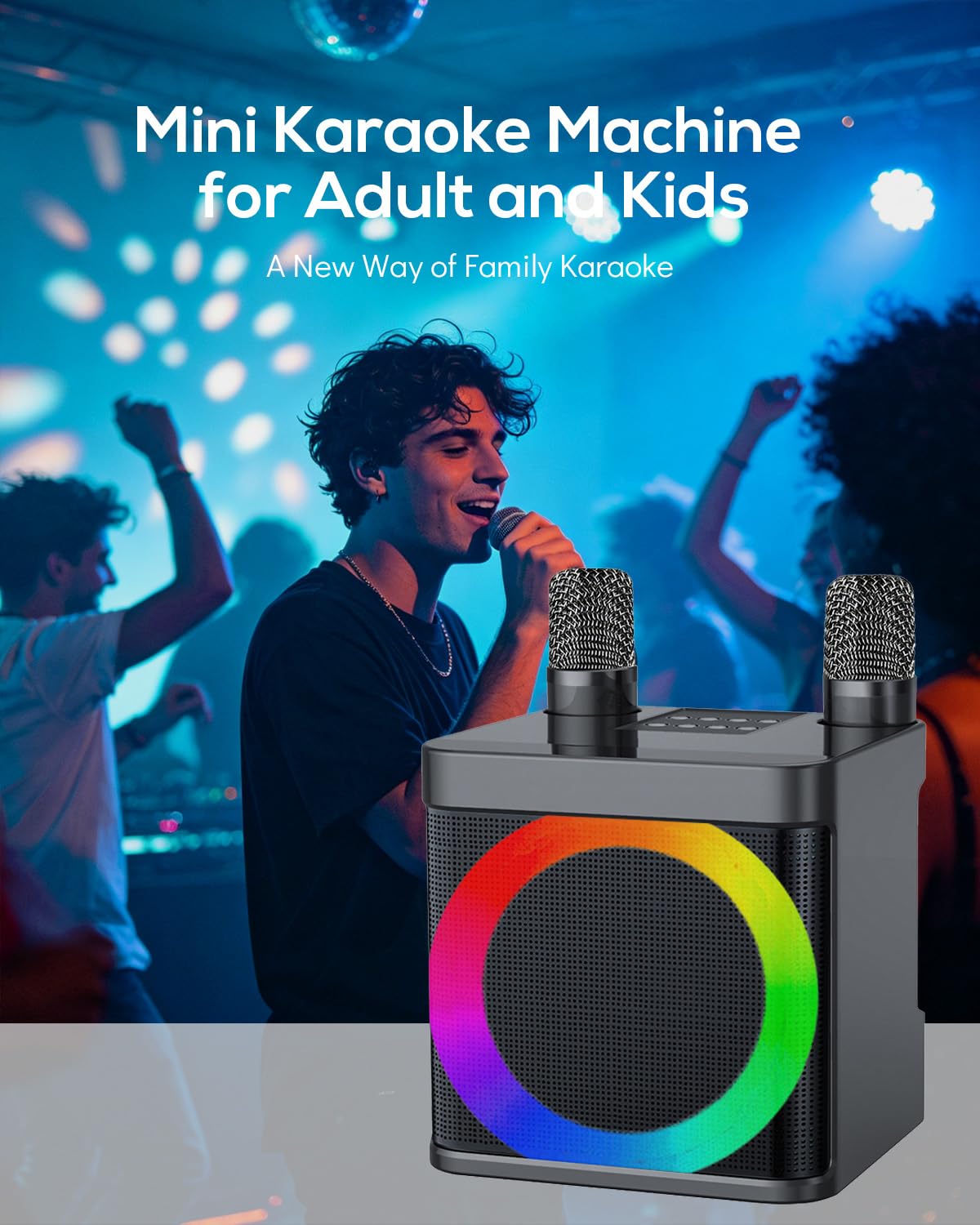 Karaoke 2 Microfonos Inalambricos, Karaoke Profesional Portatil | Altavoz Karaoke Infantil & Adultos, Inalámbricos Mini Karaoke Completo Bluetooth, Efectos de Cambio de Voz y Luces LED