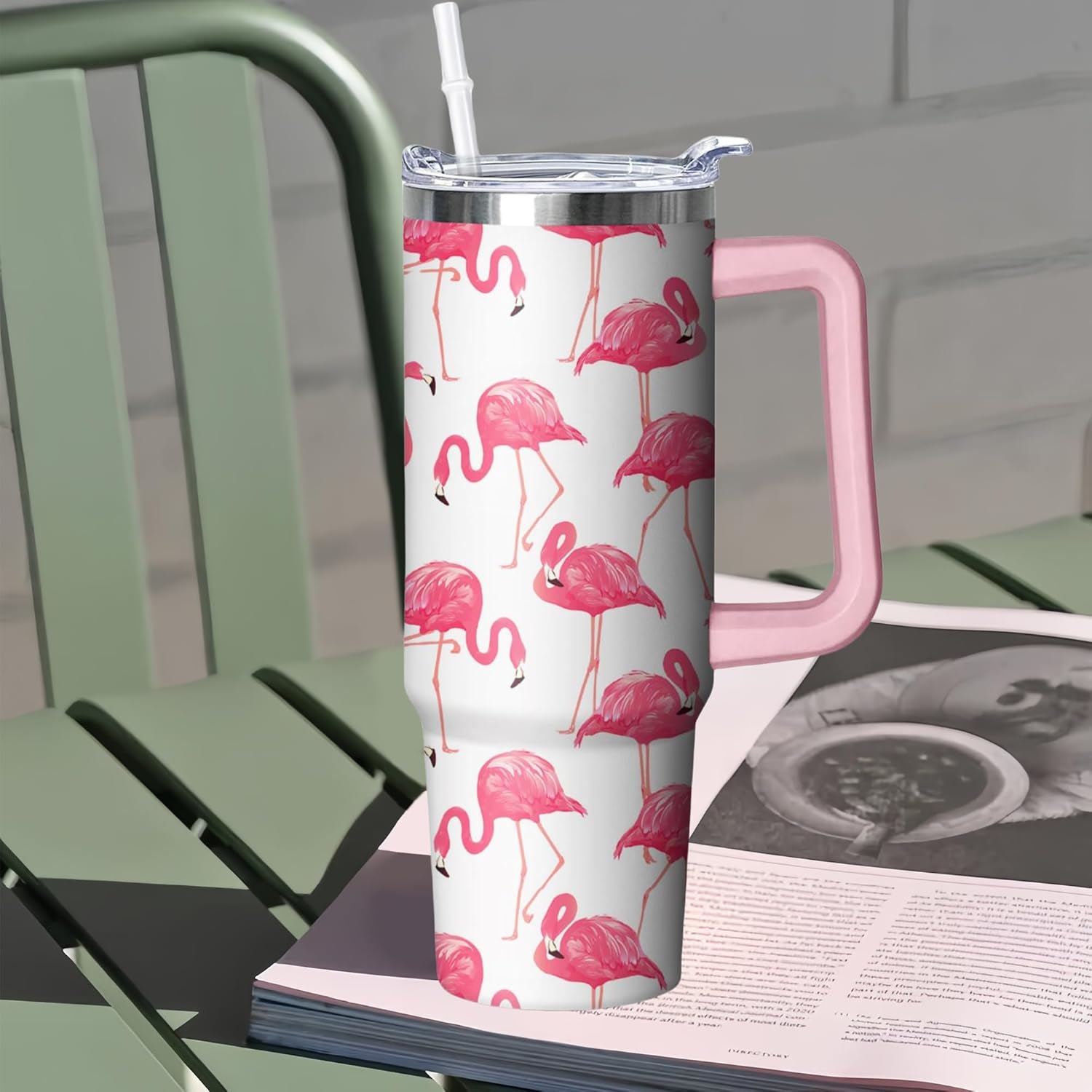30 oz Flamingo Tumbler with Handle and Straw, Insulated Stainless Steel Cup with Lid, Travel Coffee Mug Water Bottle, Gifts for Woman Animal Lovers - Image 6