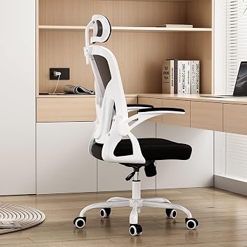 Ergonomic Office Chair with Adjustable Headrest & Lumbar Support, High Back Mesh Computer Desk Chair with Flip-Up Armrests, Reclining Rocking Function, Breathable Comfort for Home Office Black+White