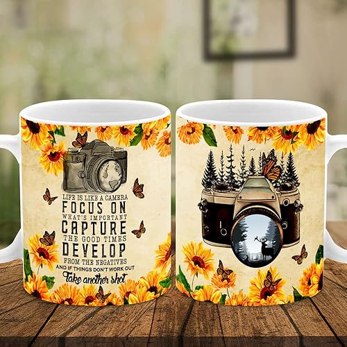 Miniatura 5 de Life Is Like A Camera - Taza de café vintage con girasol, monarca, mariposa, fotógrafo, taza de regalo para té, tazas de cerámica blanca, cosas para