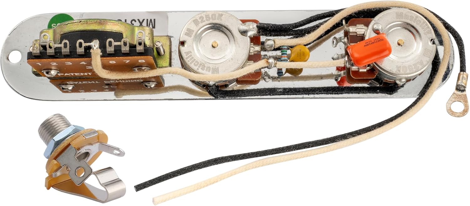 Musiclily Pro Loaded Control Plate Guitar Pre-Wired 3-Way Blade Switch with Wiring Harness 250K Potentiometers for Import Style Tele Electric Guitar, Chrome