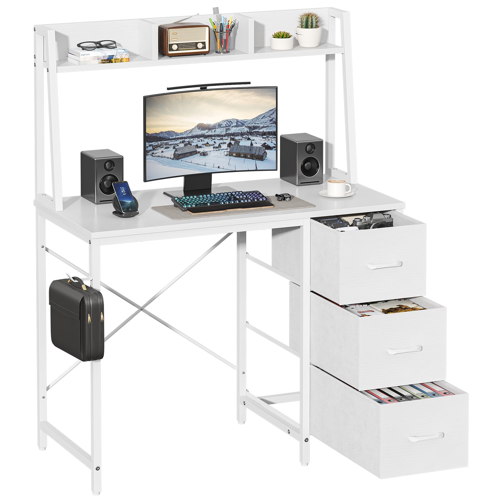 Feonase Industrial-Style Computer Desk with 3-Tier Wall-Mounted Shelf & 3 Fabric Drawers – MDF Desktop for Home Office, Study & Organization, White(100x50x126cm)