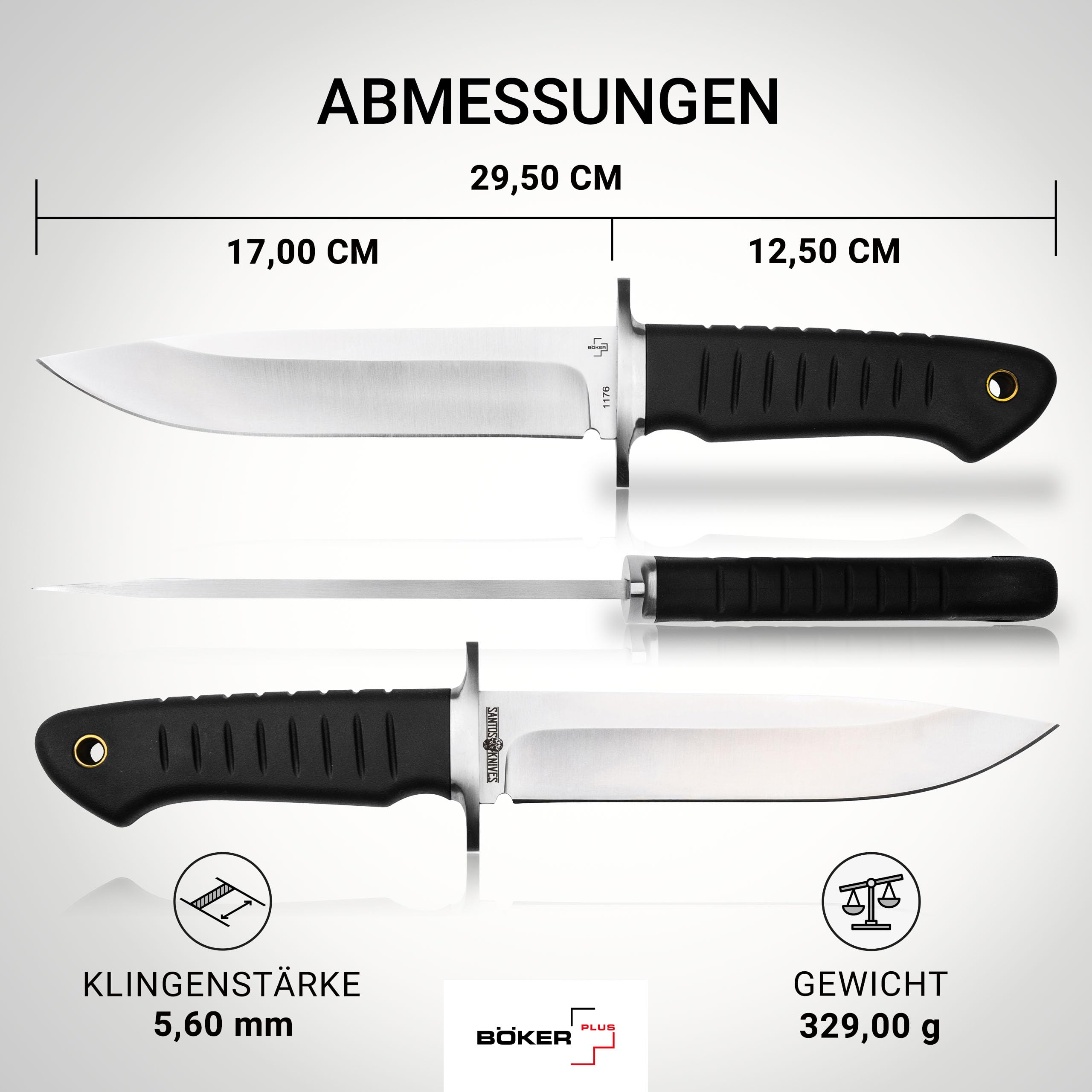 BÖKER PLUS® Sledgedog - großes Pfadfinder Fahrtenmesser - Profi Gürtel-Messer mit Droppoint Klinge - feststehendes Outdoor-Messer mit TPR Griff schwarz - Überlebensmesser mit Leder-Scheide