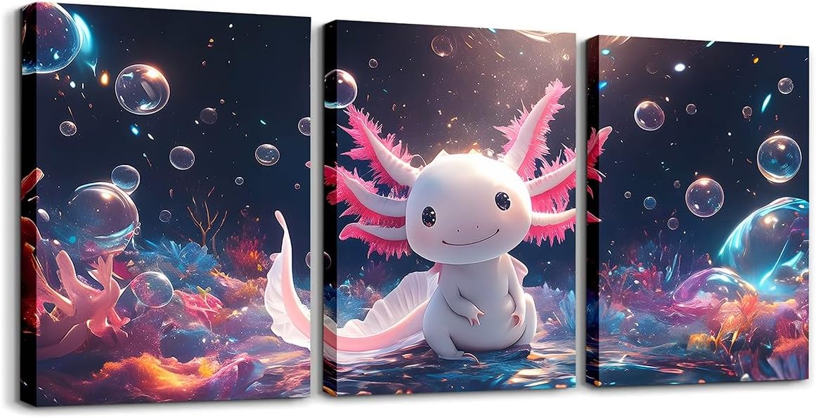 Feelyou Kids Cute Axolotl Canvas Wall Art for Living Room Bedroom Kawaii Animal Picture Wall Decor Girls Princess Wall Painting Posters and Prints Cartoon Salamander Bathroom Wall Art 12"x16"x 3Pcs