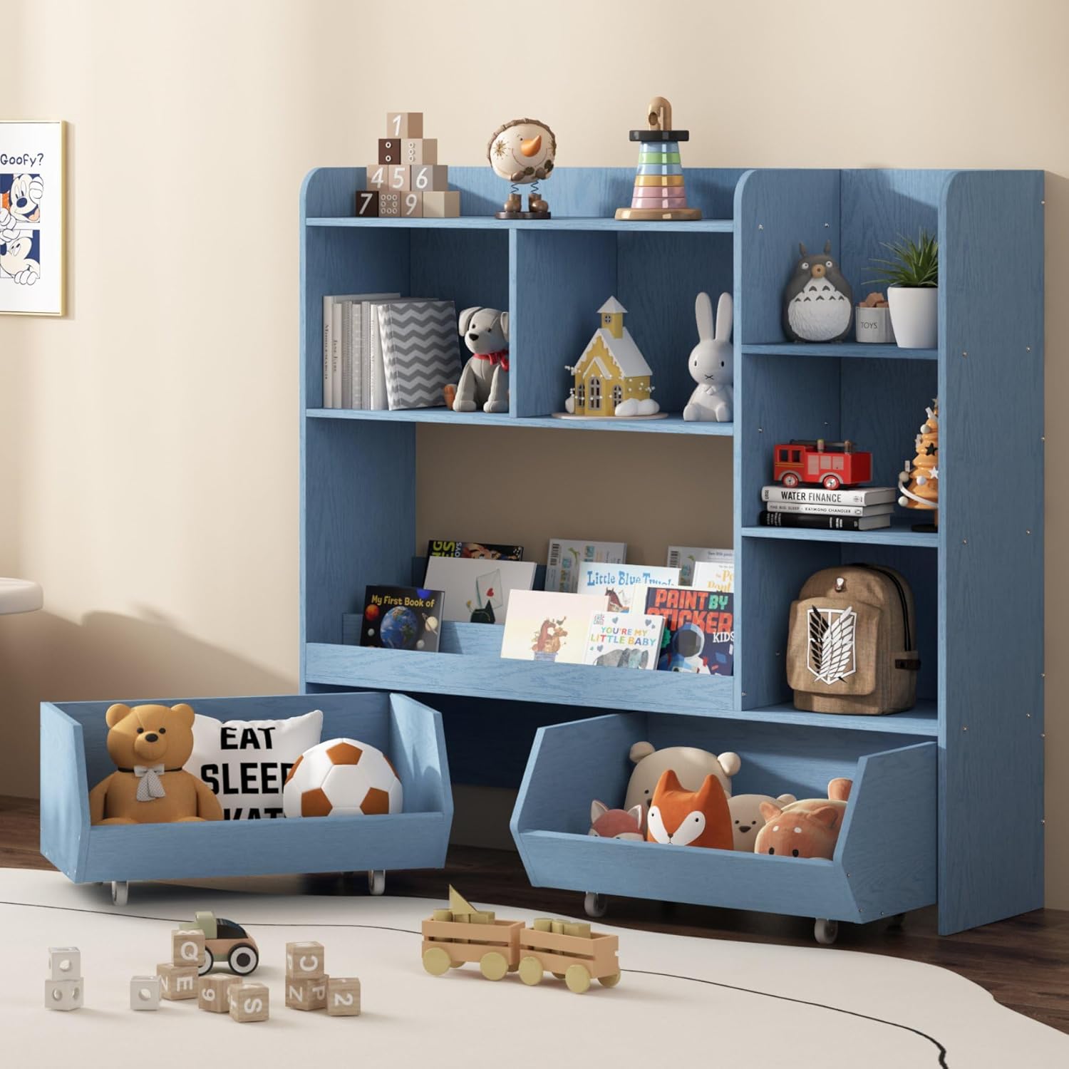 Bookshelf Toy Storage Organizer, Kids Bookshelf and Cabinet for Boys and Girls, Muti-Functional Kids Display Bookcase and Storage Bin with Moveable Drawers for Children Nursery Room