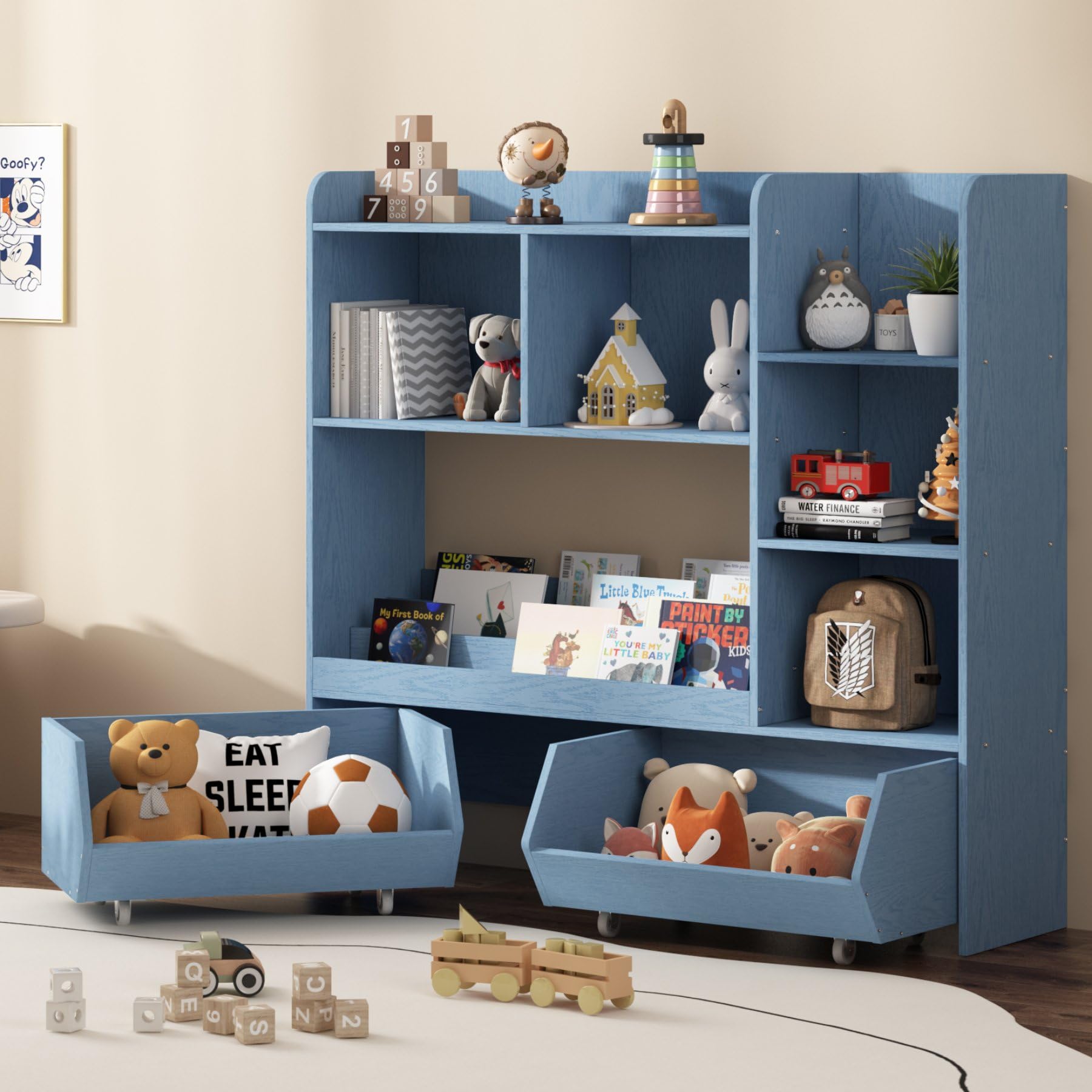 Bookshelf Toy Storage Organizer, Kids Bookshelf and Cabinet for Boys and Girls, Muti-Functional Kids Display Bookcase and Storage Bin with Moveable Drawers for Children Nursery Room Blue