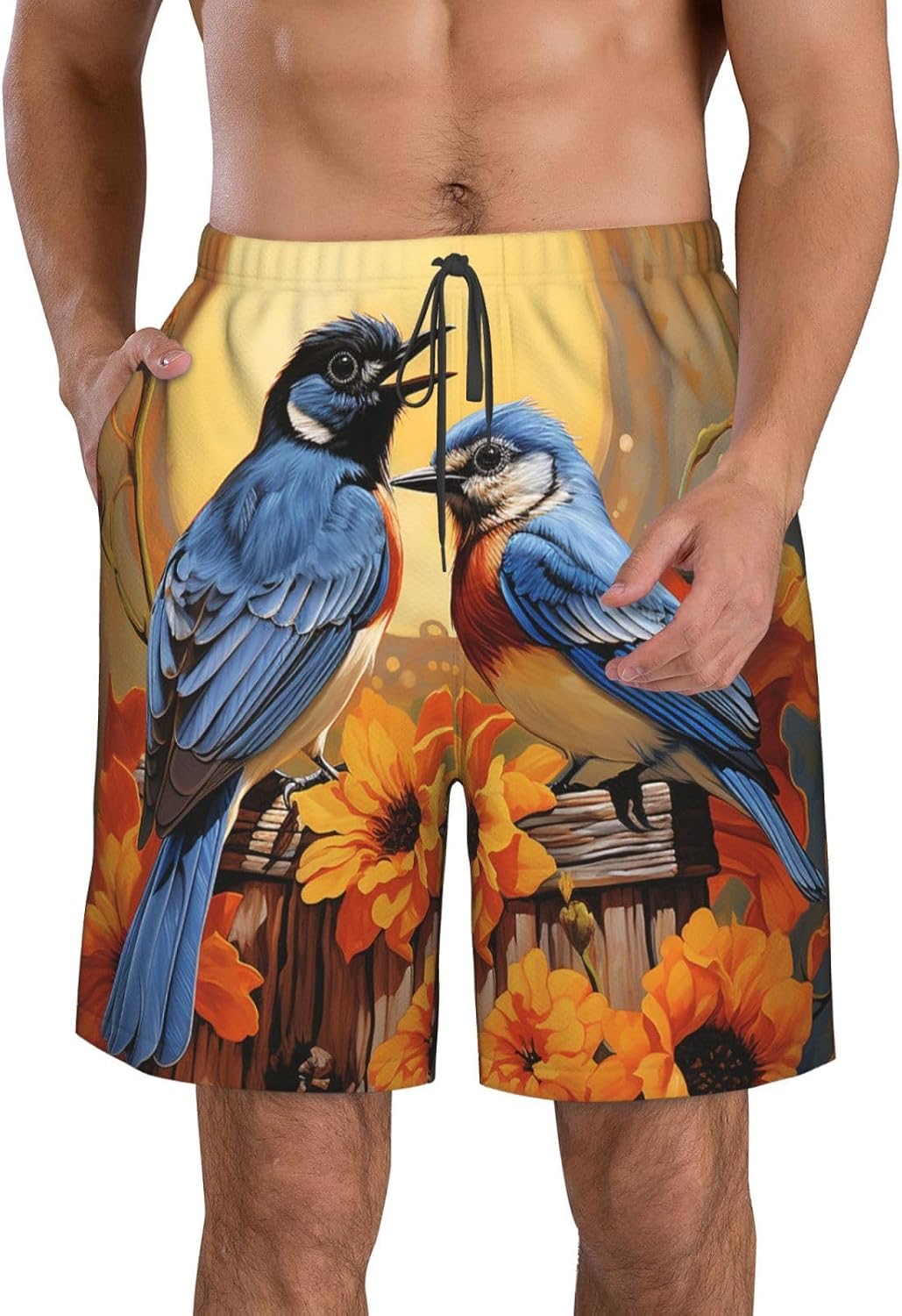 Men's Swim Trunks Quick Dry Beach Shorts Summer Bathing Suit Birds & Sunflowers Swimwear Beachwear with Pockets