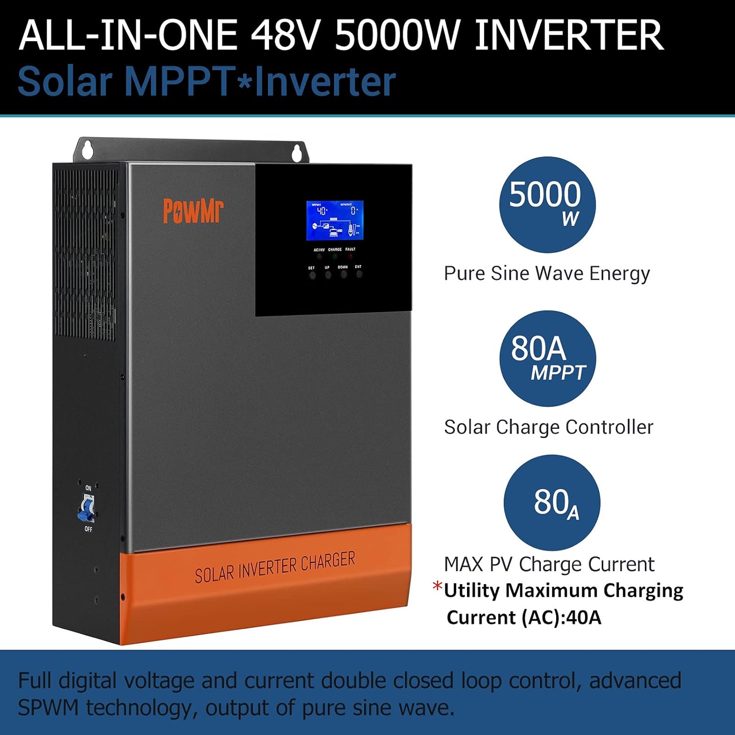 Inverter Charger Solar Inverter 5000W, Built-in 80A MPPT Charge Controller Off Grid 48V Inverter 110V AC 5KW Output Pure Sine Wave Power, Support Max 5000W 500V Solar Power/Utility Power/48V Battery : Everything Else
