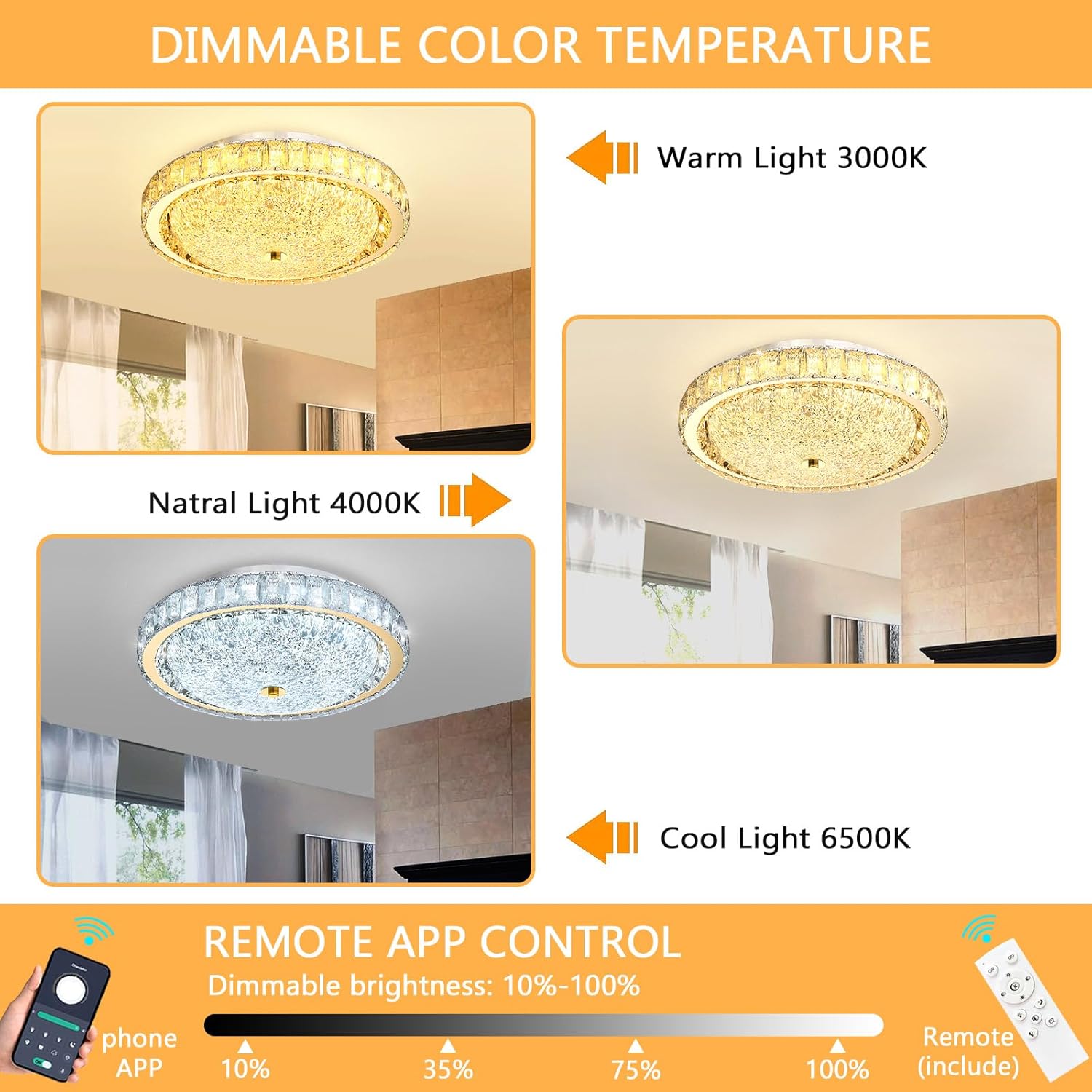 15.7" Modern Crystal Chandelier Dimmable LED Flush Mount Ceiling Light with Remote Control for Living Room Dining Room Bedroom Hallway Foyer Gold
