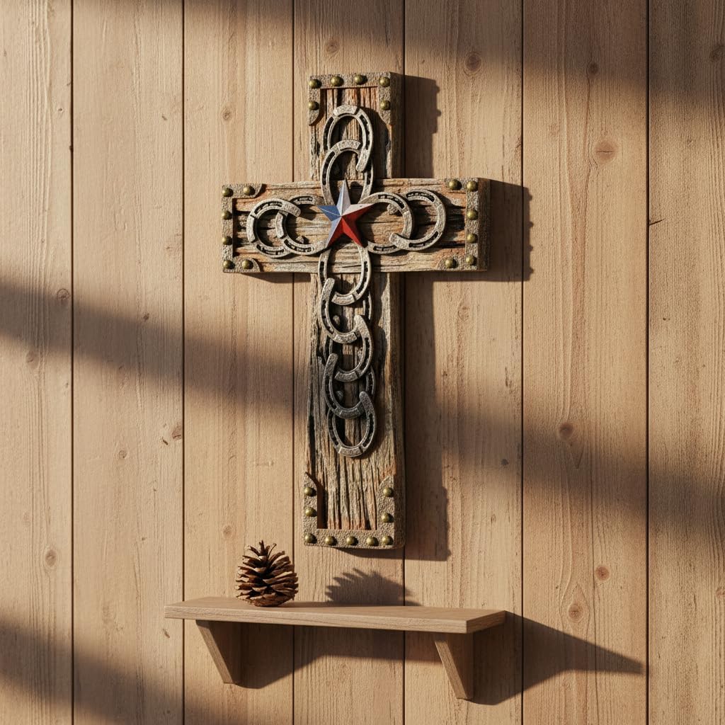 Comfy Hour Cross for Wall, Decorative Horseshoe Cross Wall Decor with Lone Star Texas Flag, Western Style Wood Look Spiritual Plaque, Artisan Crafted Resin Sculpture, 5.98"L x 0.9"W x 9.7"H, 1 Piece