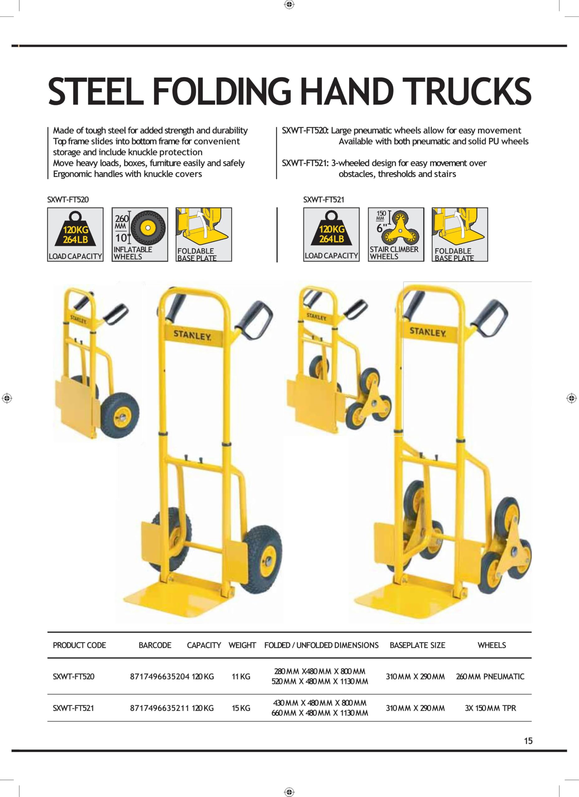 Stanley FT521 Diable Pliant - Chariot de Transport avec 6 Roues de Diable - Max. Capacité de Charge 120KG - Métal - 68 x 49 x 113 CM - Pliable