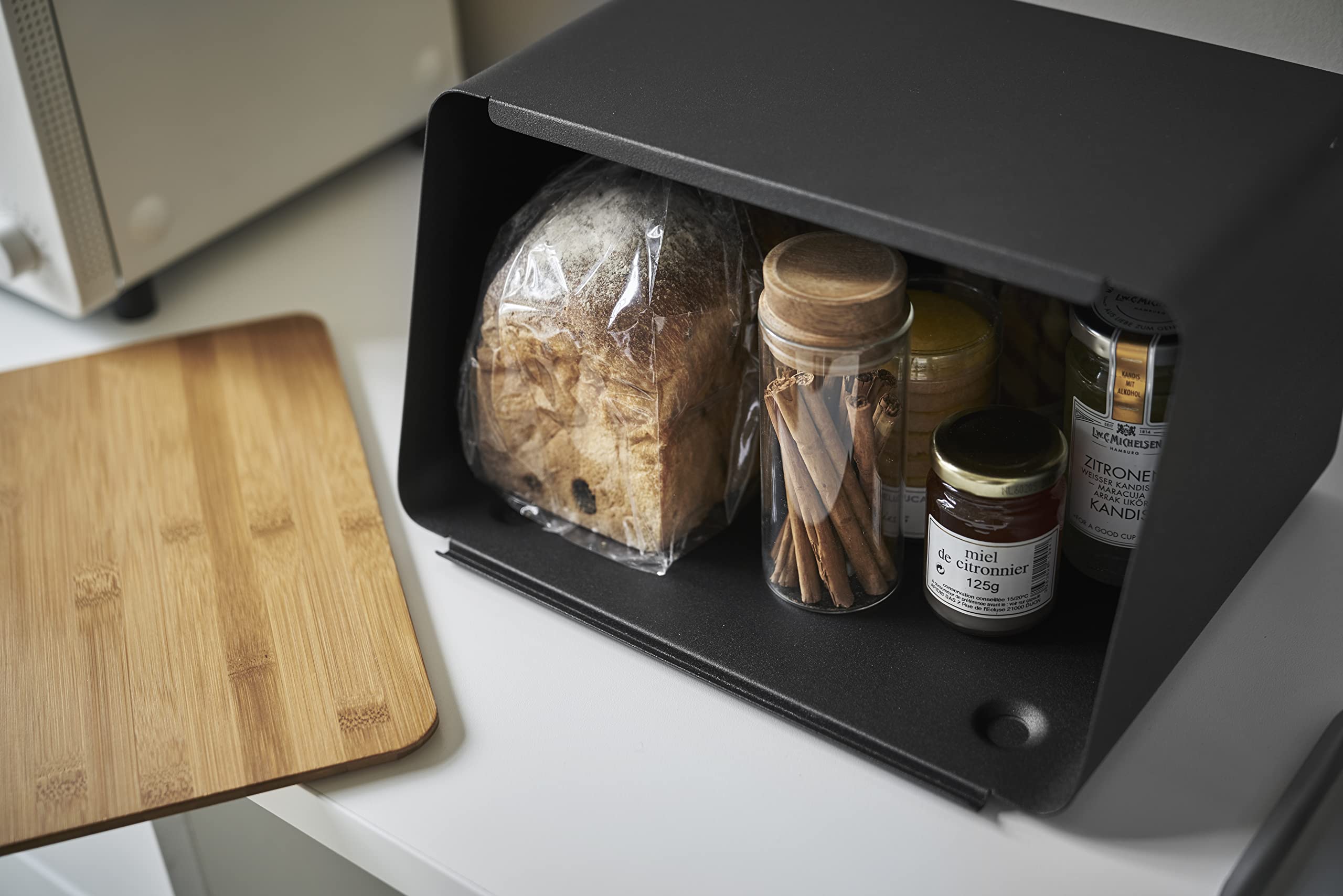 YAMAZAKI 5291 TOWER Bread Case with Removable Lid, black, Steel/Bamboo, 31.5 x 24.5 x 18.5 cm