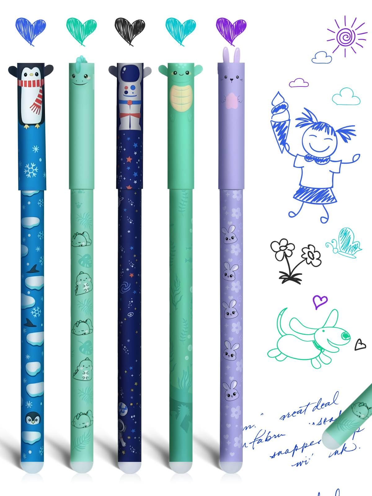 Lot De 5 Stylos Gel Effaçables 0.6 Mm Avec Gomme - Motifs Animaux (pingouin, Lapin, Dinosaure, Tortue, Astronaute)