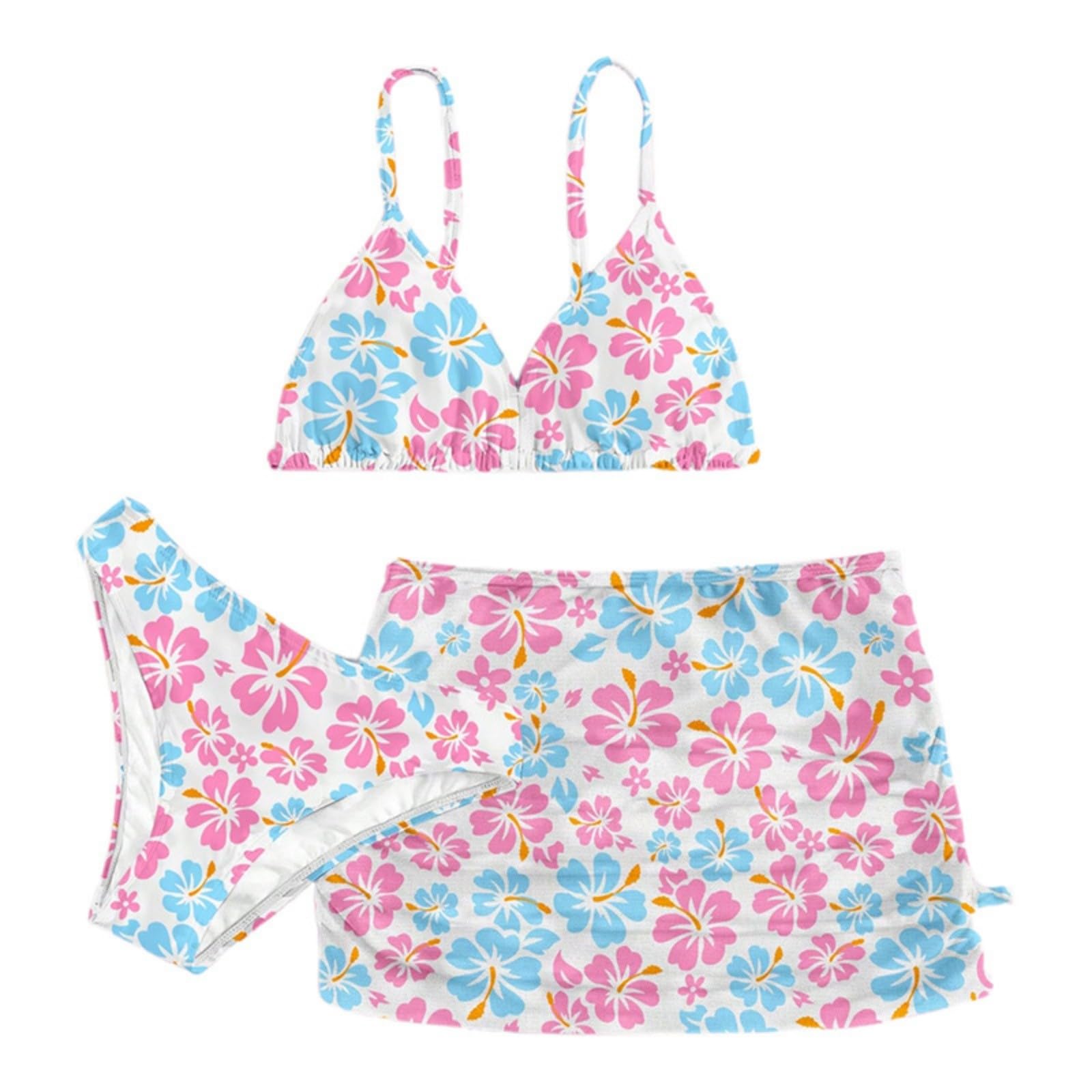 Generico Costume da Bagno Bambina 10-15 Anni 3 Pezzi Piscina Bikini Ragazza Sportivo Costumi Mare Triangolo + Slip + Gonna Tankini Set Floreale Vintage Beachwear Spiaggia Swimsuit