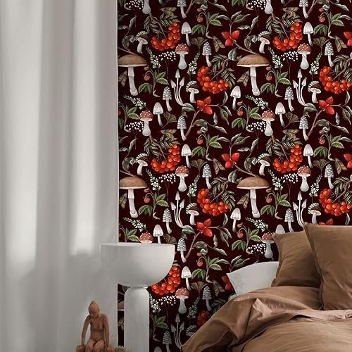 Miniatura 5 de Papel tapiz bohemio con diseño de hongos para despegar y pegar, diseño floral, fresa y plantas, extraíble, impermeable, papel de contacto decorativo