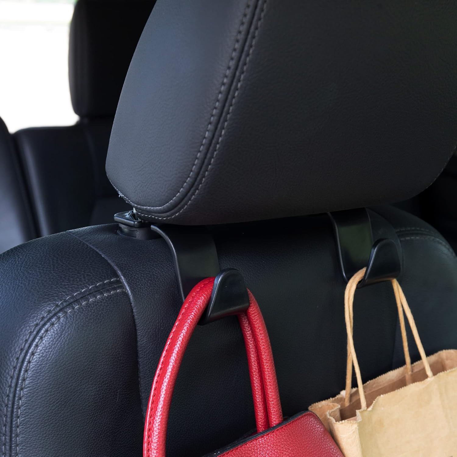Amooca Car Seat Headrest Hook 4 Pack Hanger Storage Organizer Universal for Handbag Purse Coat Universal fit Vehicle Car Black with Buckle : Automotive