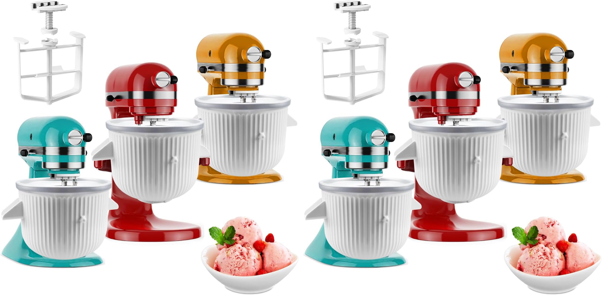 Ice Cream Maker Attachment for KitchenAid Stand Mixer, Ice Cream Bowl Compatible with 4.5Qt and Larger Stand Mixers, Ice Cream &amp; Sorbet Gelato Maker Attachment, 2 Quart, White (Pack of 2)