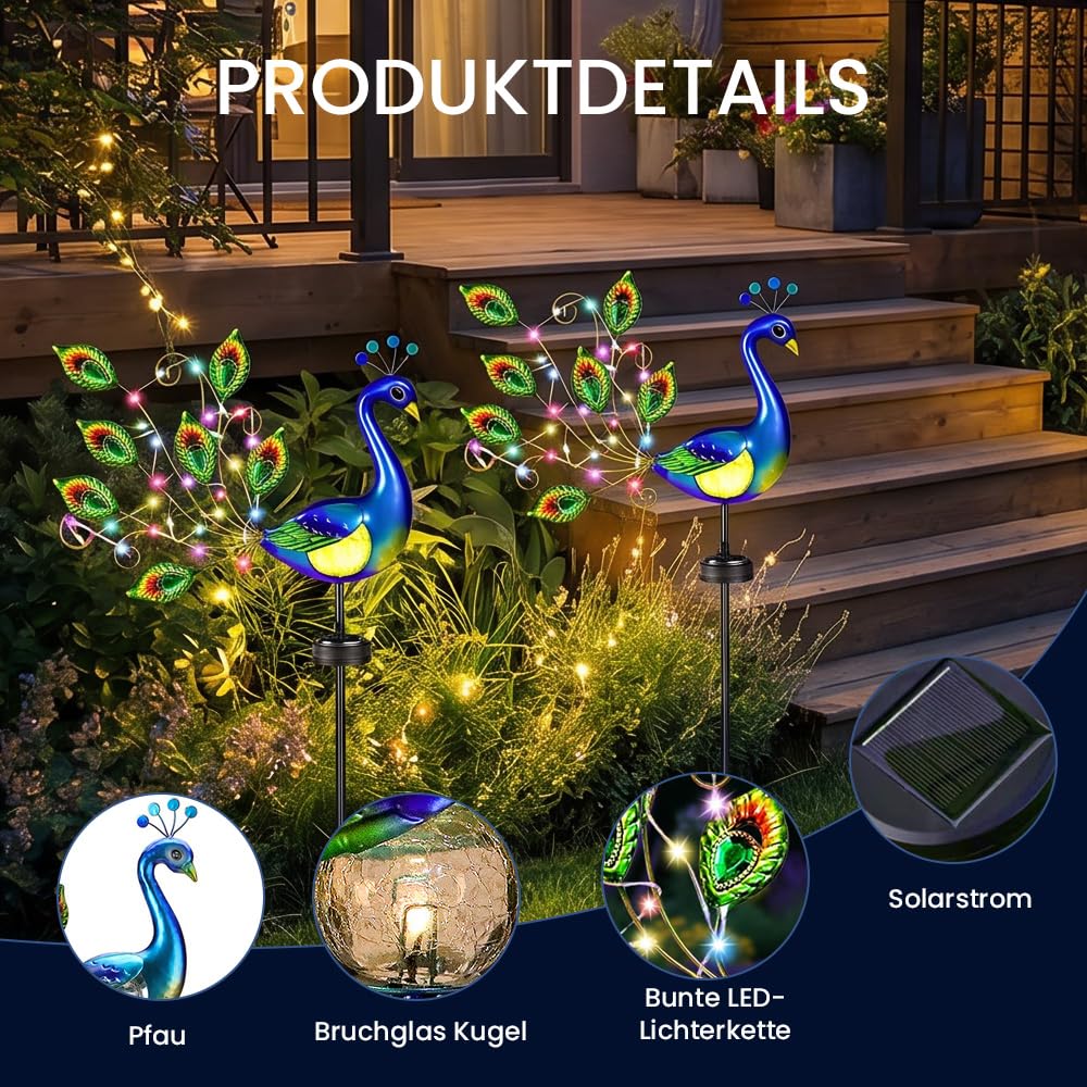Solar Gartenstecker, Solar Vogel Pfau, Solarstecker für Außen Garten mit Bruchglas Kugel, Solar Tiere für Außen Garten, Solarleuchten für den Ga-rten, Solarfiguren für Au-ßen Gar-ten Deko