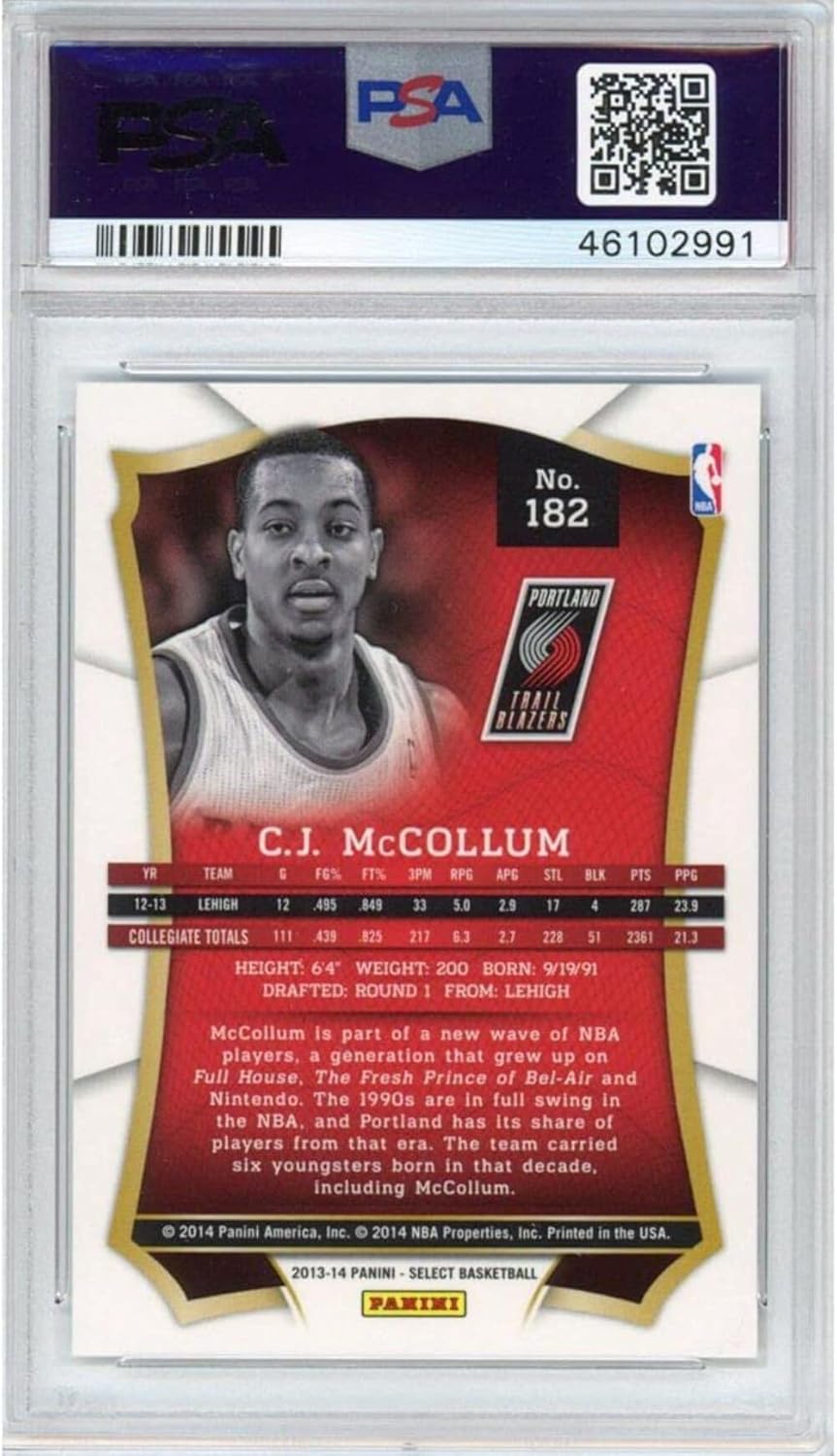 Graded 2013-14 Panini Select CJ C.J. McCollum #182 Rookie RC Basketball Card PSA 10 Gem Mint