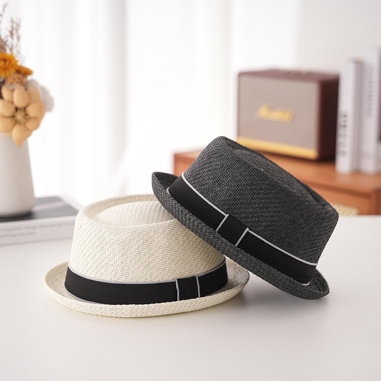 HEYANN Pork Pie kapelusz słomkowy, męski kapelusz pork Pie Fedora 58 cm, letni kapelusz dla mężczyzn i kobiet, Bowler Flat Top ochrona przed słońcem, klasyczny kapelusz