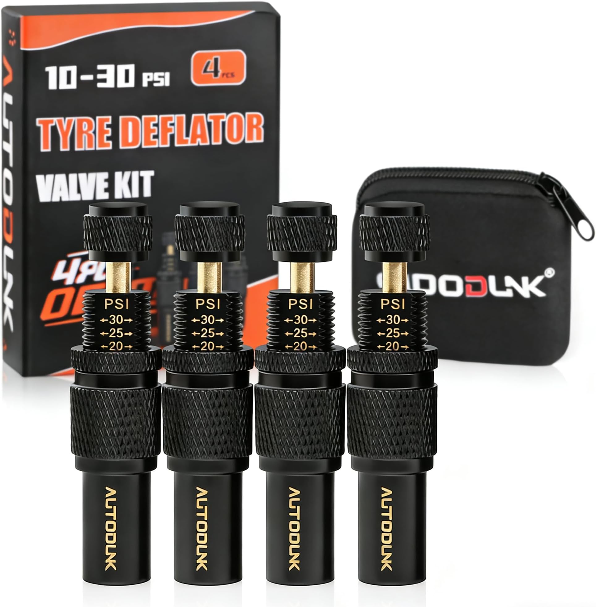- Adjustable Auto-Stop Tire Deflator Valve Kit, 10-30 PSI Air Down Tool Offroad Accessories, 4 PCS