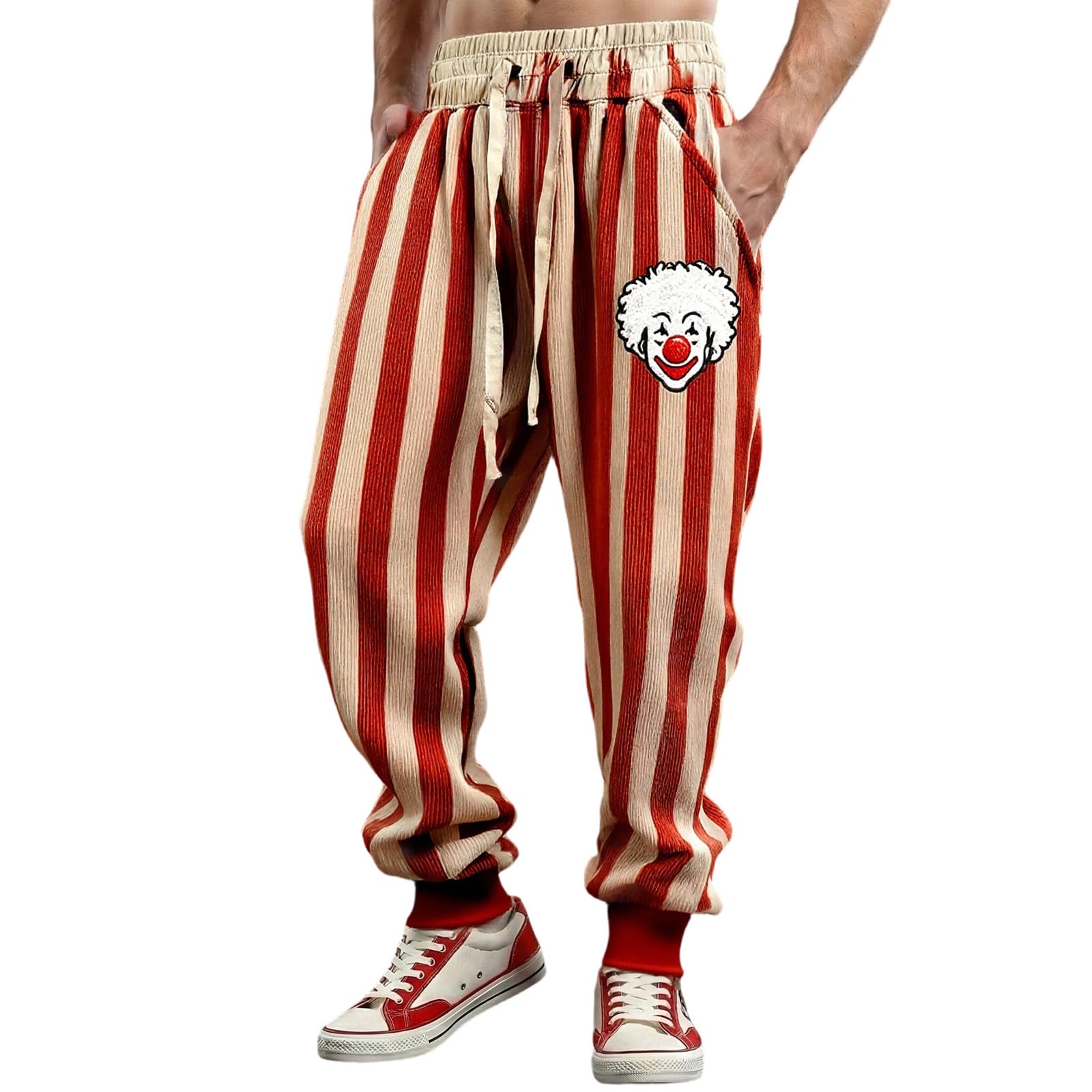 Générique Men's Harem Pants Clown Costume Carnival Clown Trousers Lapel Pattern Elastic Waist Casual Jogging Bottoms Pyjama Bottoms Baggy Pants, E Red, 3XL