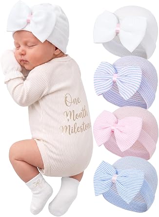 Zando Hospital Newborn Hat Girl with Bow Infant Baby Beanie First Photos | Stretch-cotton knit hats for newborn girls, hospital bags, coming home, nursery, sleep, photos, and baby shower gifts.