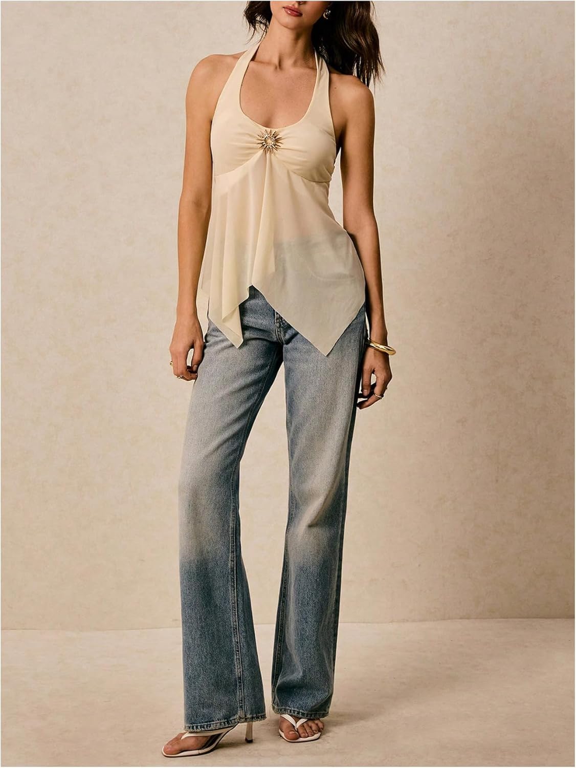 MakeMeChic Women's Tie Backless Halter Tops Asymmetrical Split Hem Going Out Tank Top - Image 5