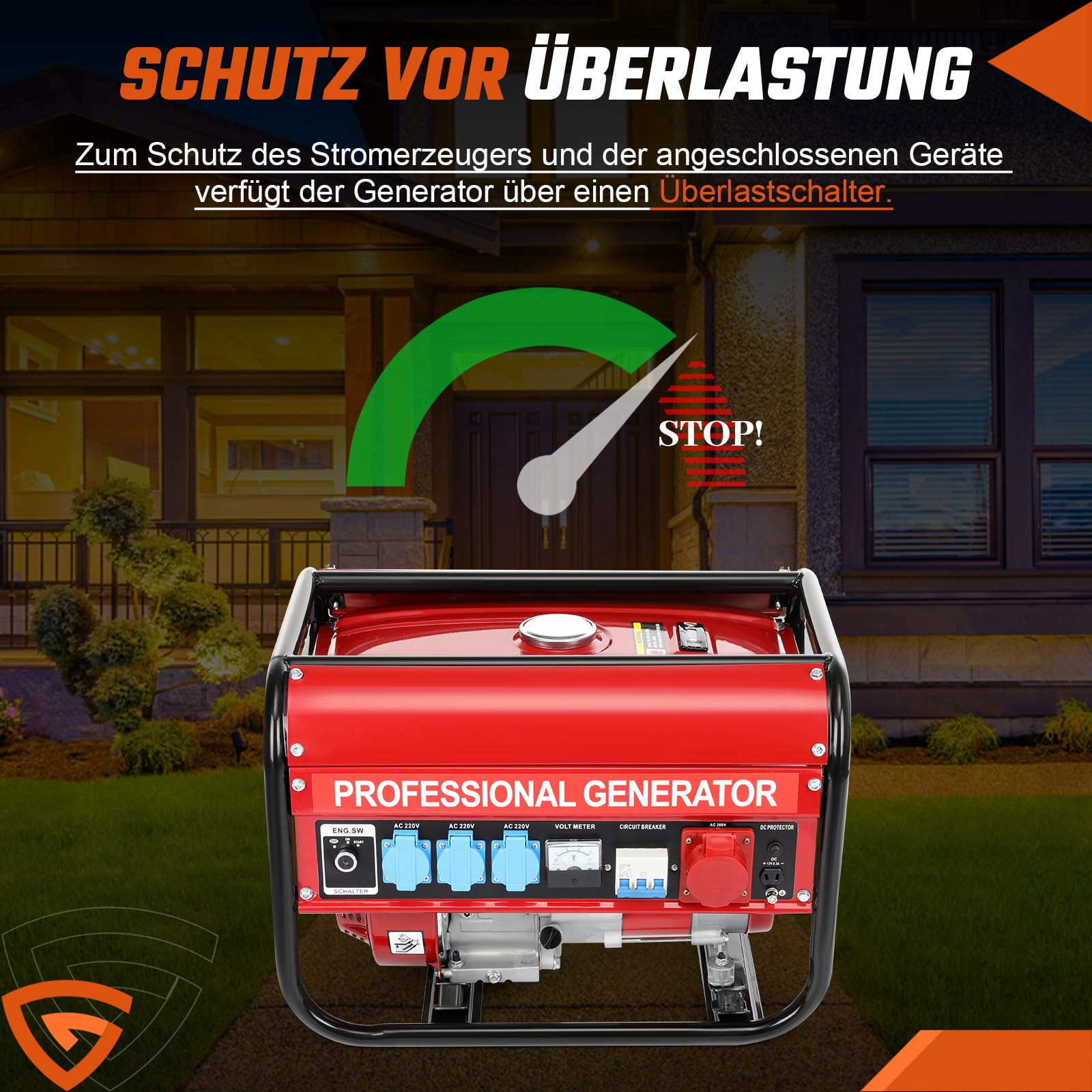 Benzin Notstromaggregat 6500W Max 3000W Dauerleistung, 7,5 PS Stromgenerator mit 4-Takt OHV-Motor AVR-Spannungsregelung 5 Steckdosen 3x 230V, 1x 400V und 1x 12V, für Baustelle, Werkstatt und Garage