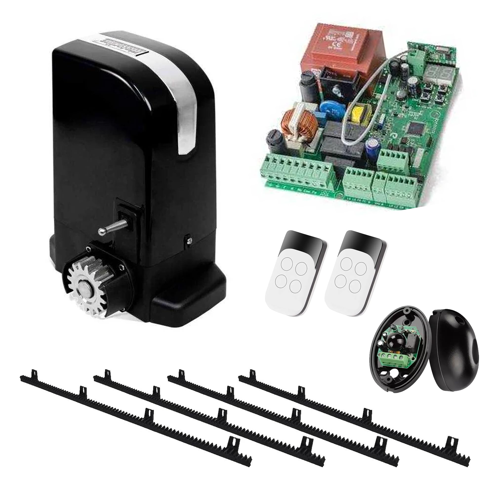 Kit Completo Motor corredera Profesional para automatizar Puertas y cancelas correderas de hasta 500 kg de Peso, con Cremallera de Nylon y Acero, fotocelula, mandos, y Placa de maniobras.