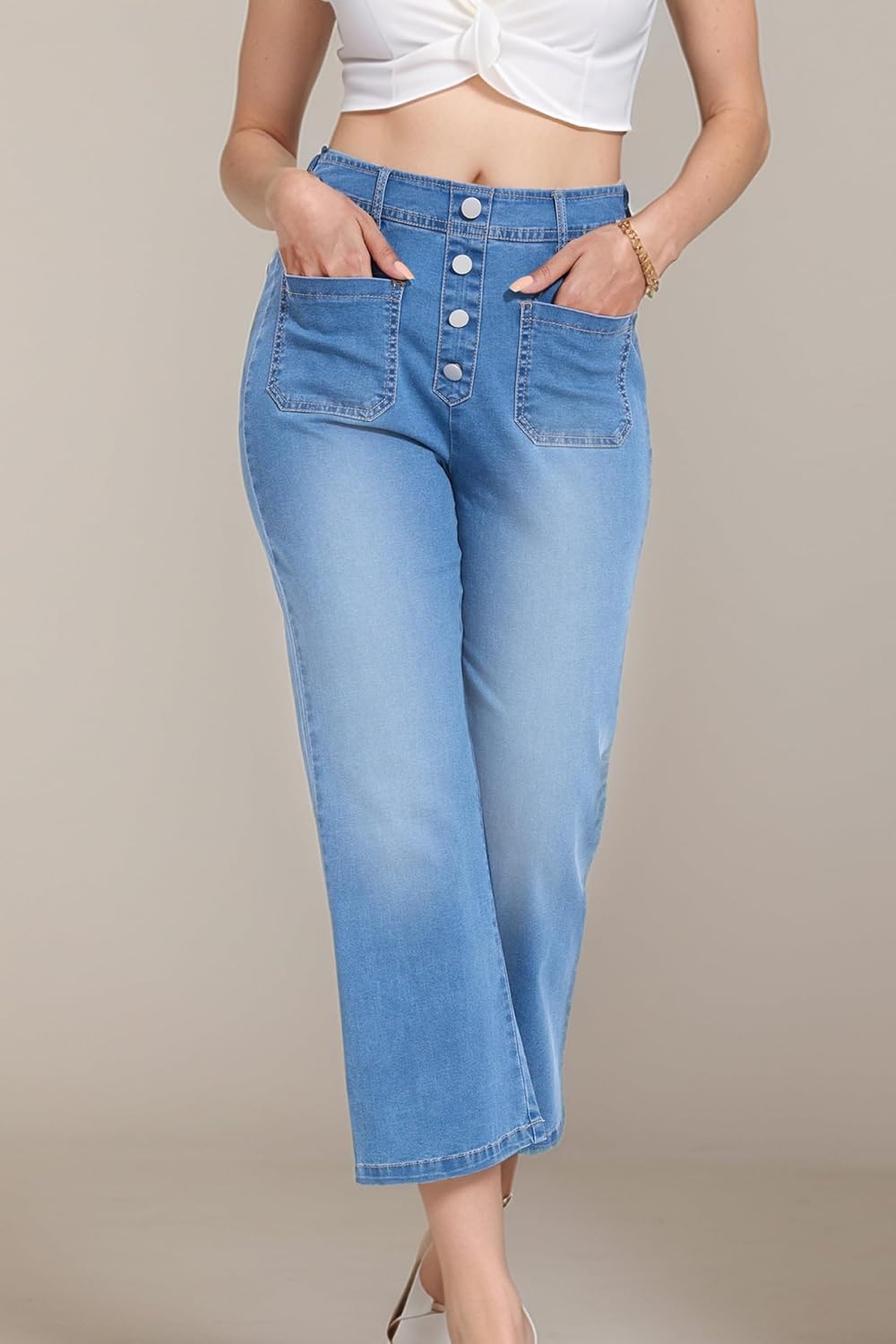 YOCUR Womens Cropped Jeans Elastic High Waist Crop Denim Flare Pants Wide Leg Button Patch Pockets Petite Capri Jeans - Image 4