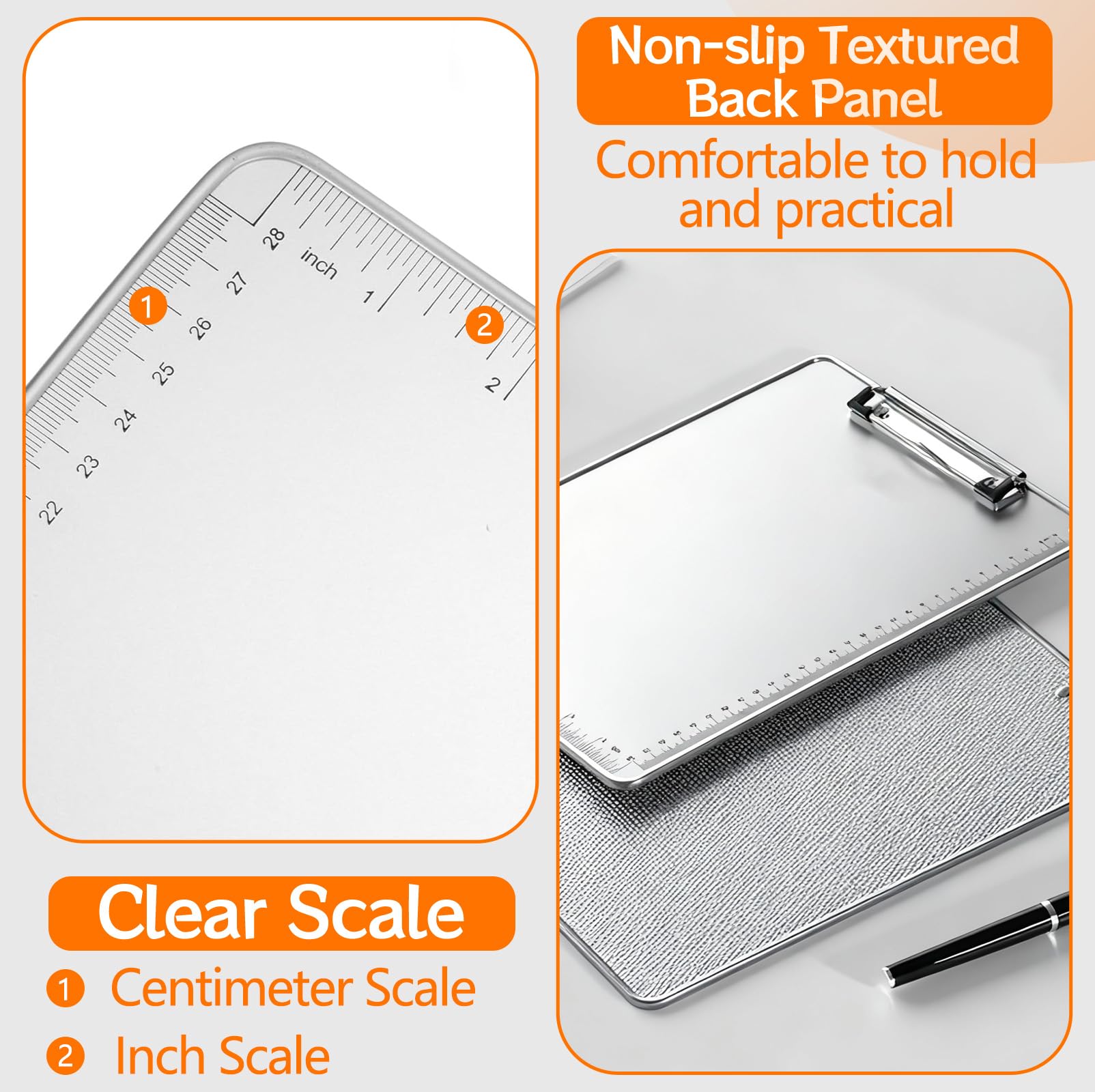 4Pcs Portablocco Cartella Lega Alluminio A4 con Clip & Scala Misurazioni, Porta Blocco Morsetti Metallo, Porta-pad Lavagna Scrittura Antiscivolo, Portadocumenti Tavoletta per Ufficio Scuola Studenti