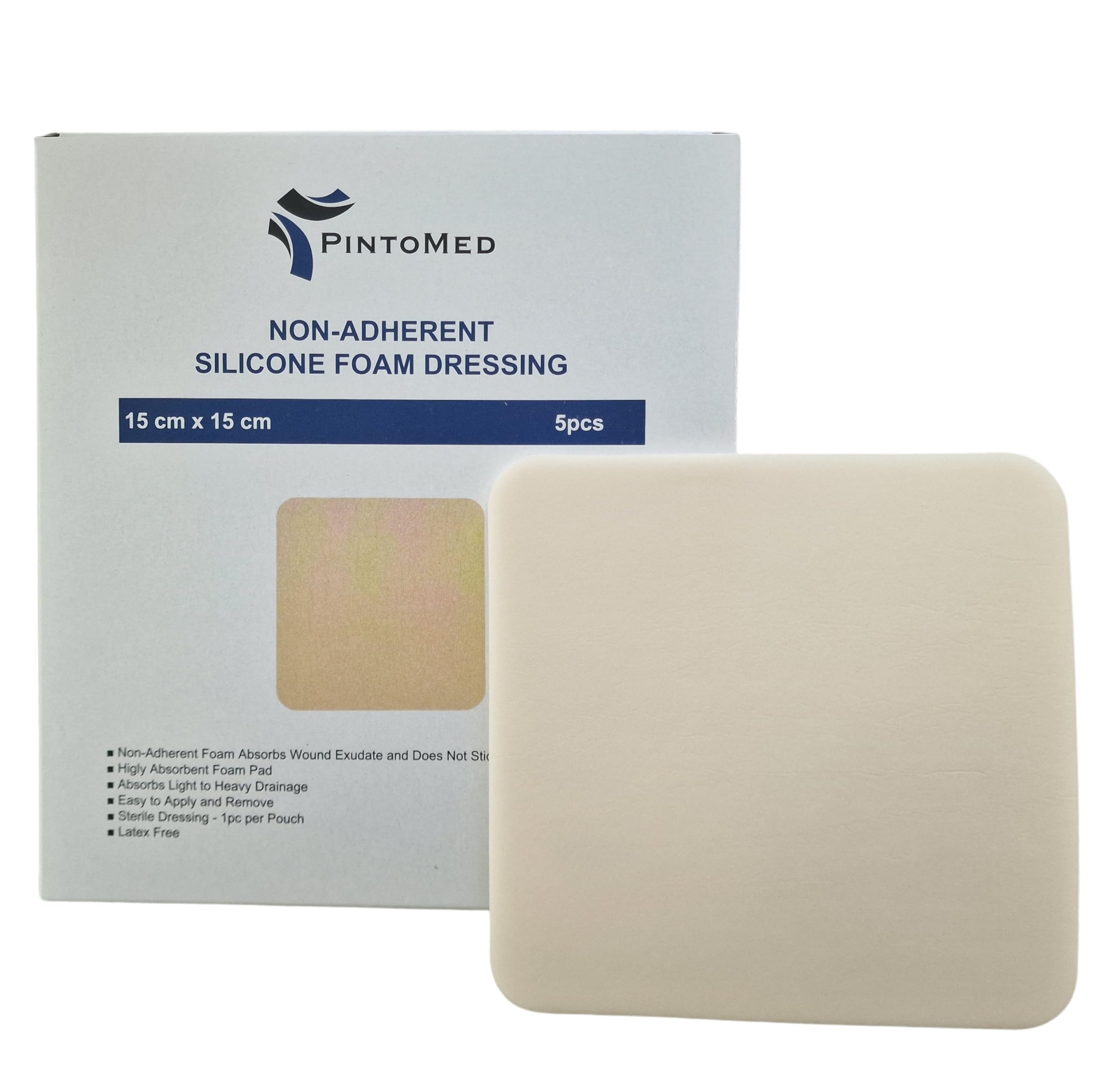 PintoMed - Medicazione sterile in schiuma PU non adesiva senza bordo Scatola da 15 cm x 15 cm da 5 medicazioni. Assorbente. Per il trattamento delle ferite croniche e acute.