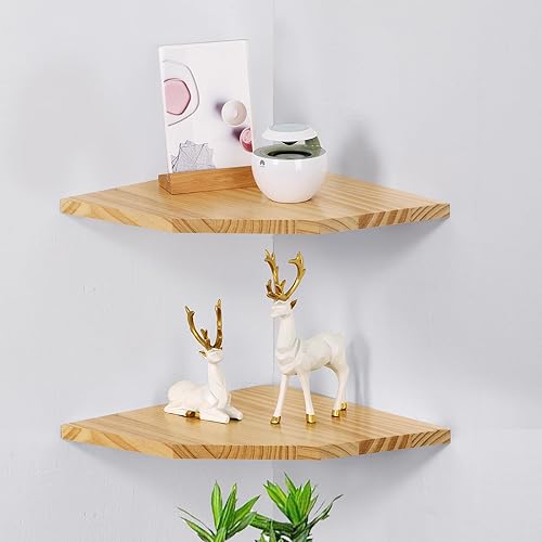 Miniatura 5 de Juego de 2 estantes de esquina de madera maciza, estantes flotantes de esquina de madera maciza, estante de esquina flotante montado en la pared