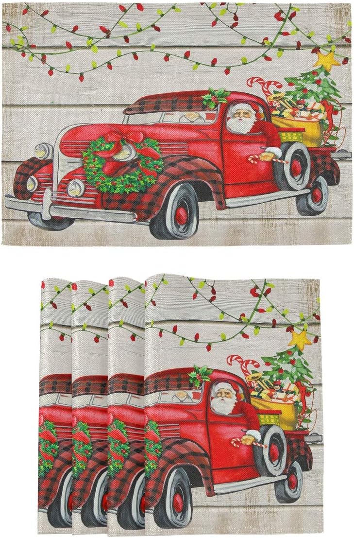 Up To 50% OFF Oarencol Vintage Christmas Truck Santa Tree Gift Xmas Wooden Red Car Placemats Table Mats Set of 4, Heat-Resistant Washable Clean Kitchen Place Mats for Dining Table Decoration