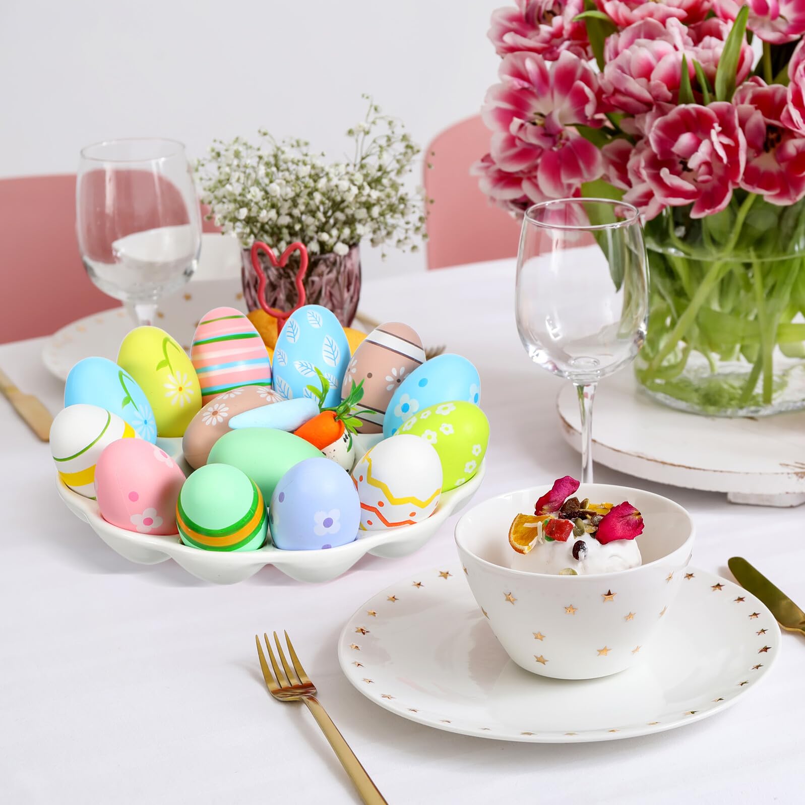 jojofuny Bandeja de Cerámica para Huevos Rellenos Compartimentos Soporte Estable para Huevos Cocidos y Decoración de Pascua Restaurante