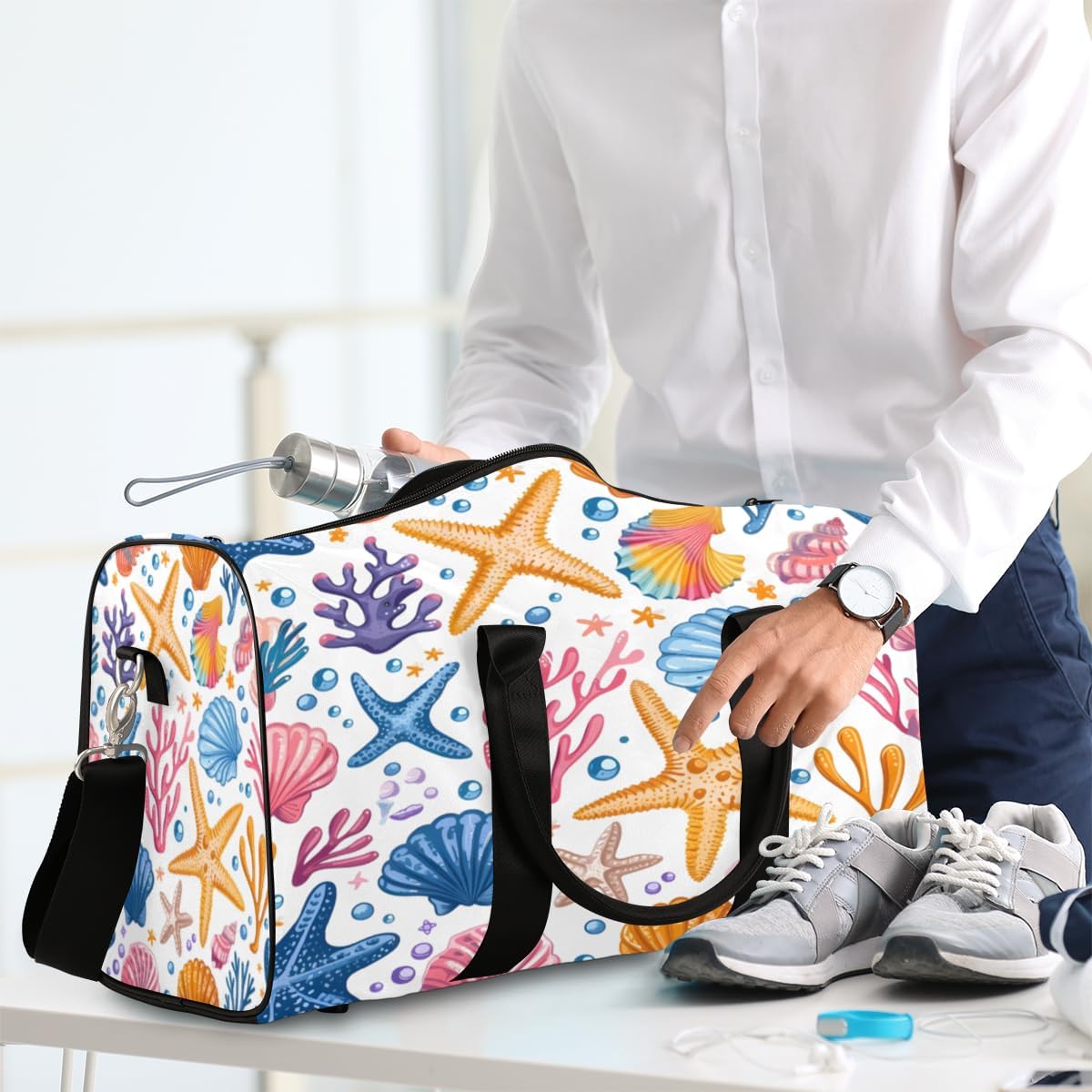 Starfish Coral Shell Watercolour Travel Duffel Bag for Women Men Large Capacity Overnight Weekender Bags for Lightweight Waterproof Sport Gym Bag for Workout Yoga Swim