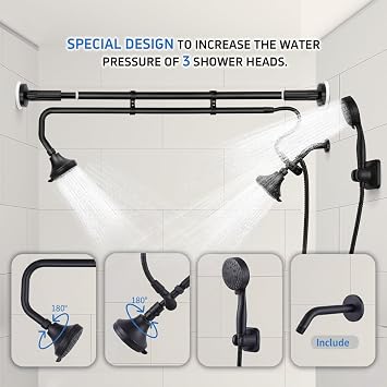 OURBAOFU Tandem Shower, Double Shower Heads for Couples & Handheld head | Triple Shower Head System for Two People, 360Adjustable High Pressure,48-78 In for Renter Bathroom,Dual Shower Heads-Black