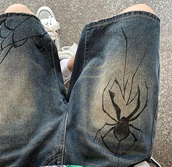 CUTEGAL Unisex Jorts Women Mid Rise Spider Denim Shorts Wide Leg Baggy Jeans Men Casual Streetwear Y2k Pants