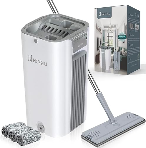 HOQLU Trapeador plano y cubo con juego de escurridor, uso húmedo y seco, limpieza de esquinas de polvo de escaleras, suministros de limpieza de la