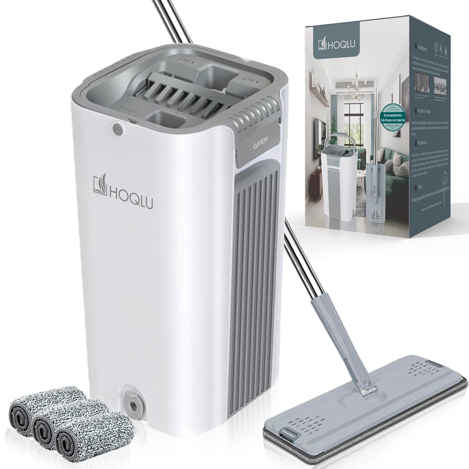 HOQLU Flat Mop and Bucket with Wringer Set, Wet and Dry Use, Stair Dust Corner Cleaning, House Cleaning Supplies & Accessories with 3 Microfiber Pads Hardwood, Laminate and Tile Floor (Set Gray)